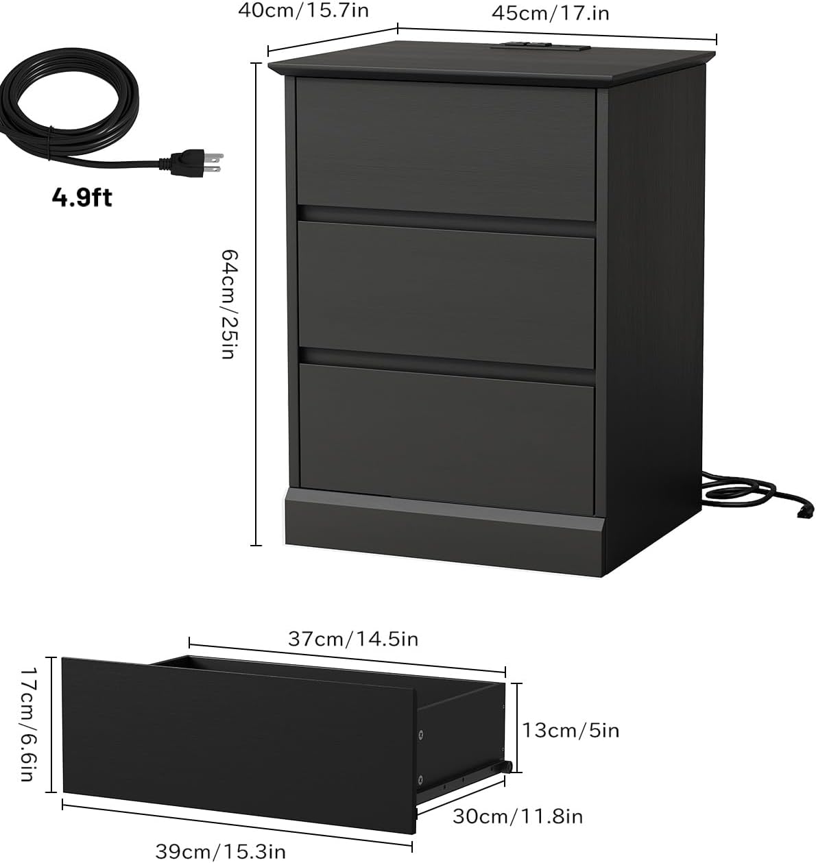 Nightstand Set of 2 Black Nightstand with 3 Drawers, Black Bedside Table Night Stand for Bedroom with Charging Station & Cut-Out Handle, Sofa Side Table for Bedroom
