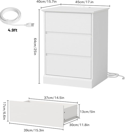Nightstand with 3 Drawers, White Bedside Table Night Stand for Bedroom with Charging Station & Cut-Out Handle, Sofa Side Table Dresser for Bedroom(White)