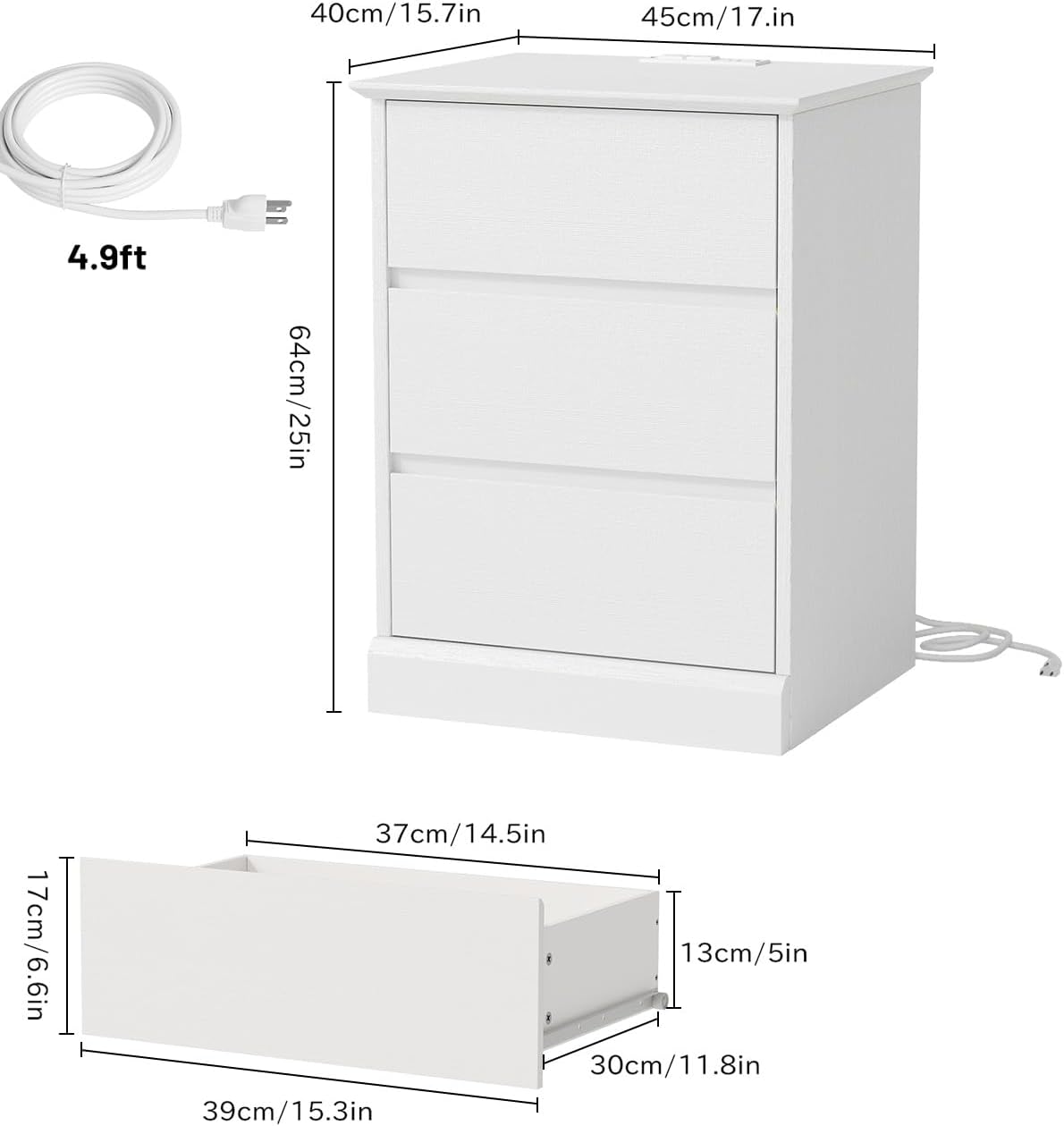 Nightstand Set of 2 White Nightstand with 3 Drawers, White Bedside Table Night Stand for Bedroom with Charging Station & Cut-Out Handle, Sofa Side Table for Bedroom