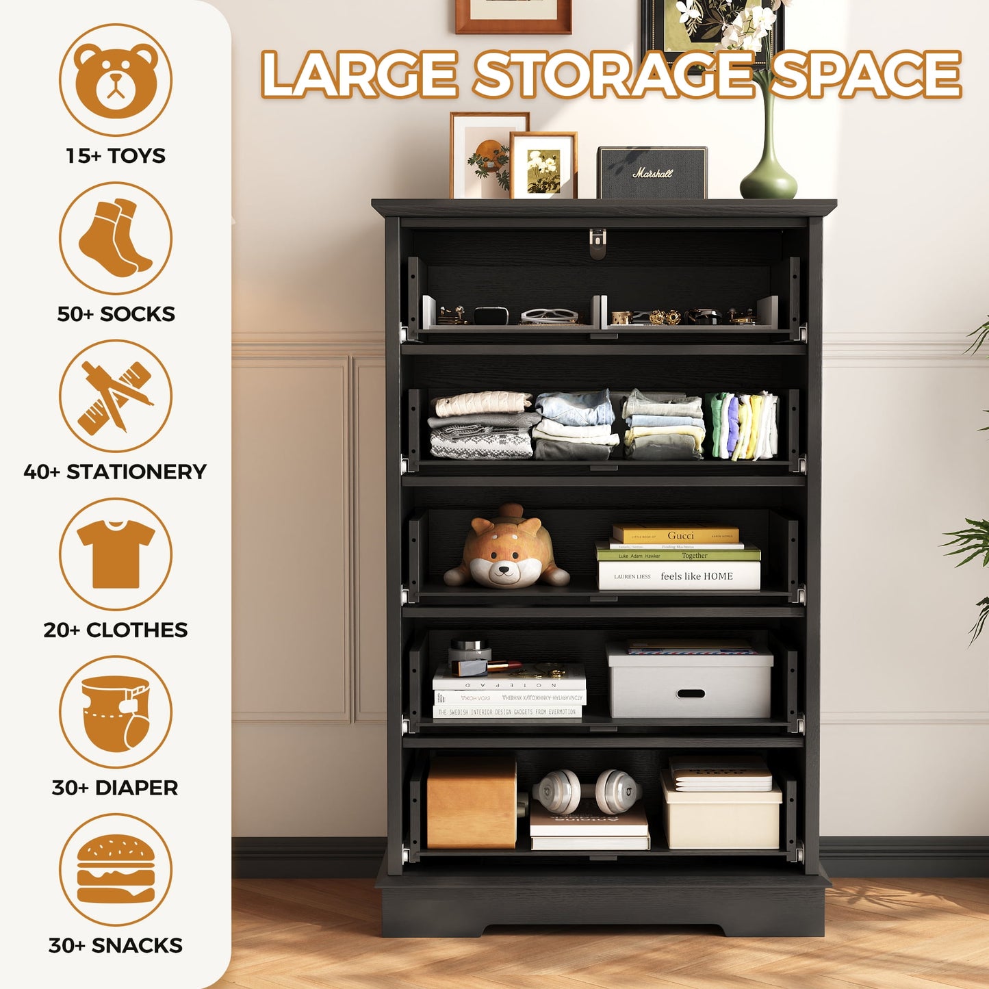 5 Drawer Dresser, Chest of Drawers for Bedroom, Modern Storage Cabinet Dresser Organizer Unit with Antique Bronze Round Handles for Living Room, Closet, Hallway, Entryway