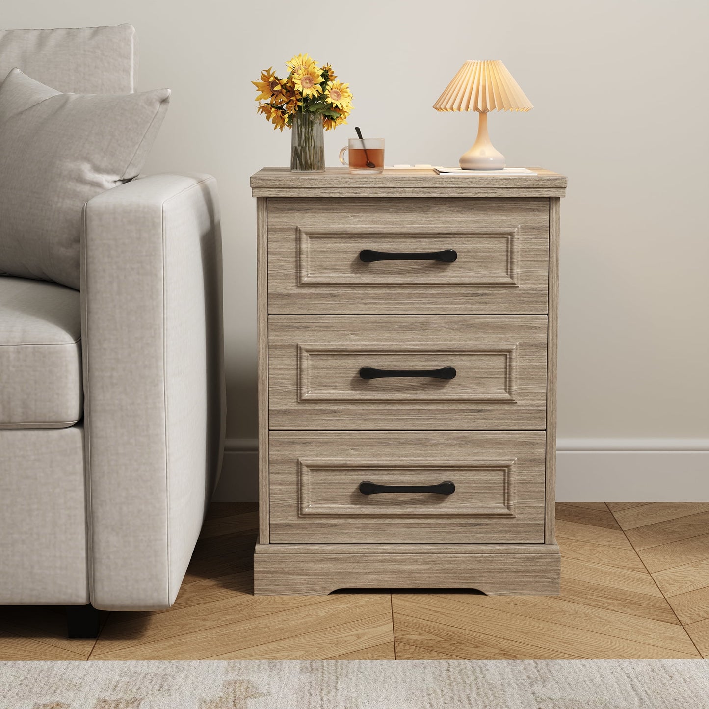 NEGYLIM 2-Piece Nightstand, Farmhouse End Table with Charging Station, 3 Drawers Storage for Bedroom