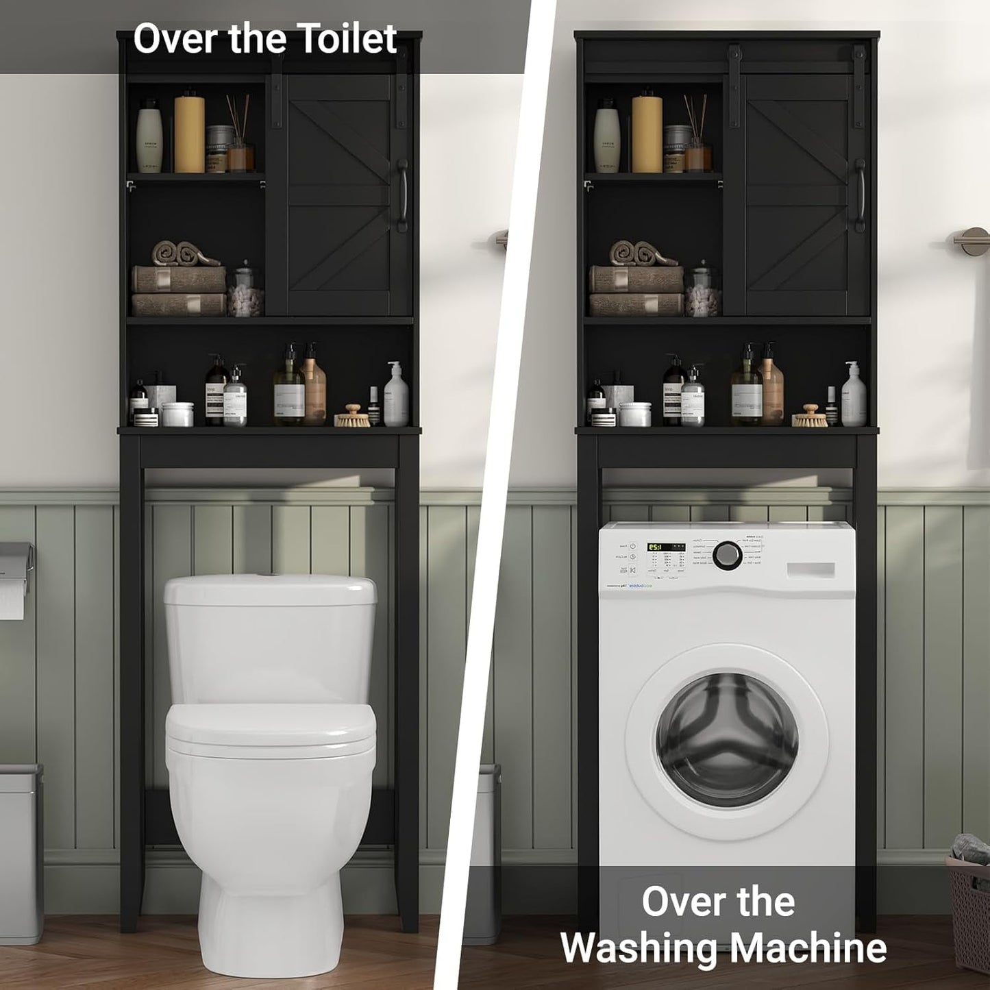 NEDGYLIM Over the Toilet Storage Cabinet with Sliding Barn Door, Anti-Tipping Design, Waterproof, Adjustable Shelves for Bathroom/Laundry Room Organization