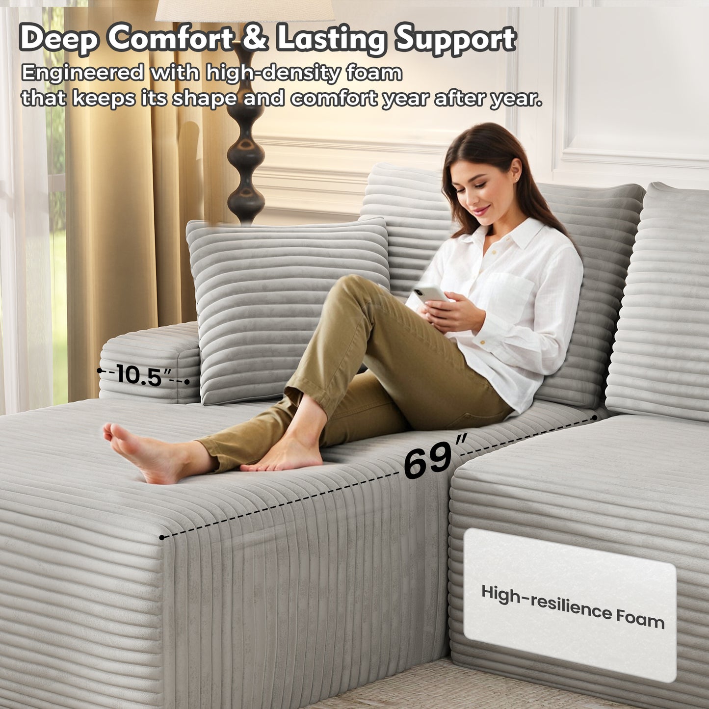 104" Modular L-Shaped Sectional Sofa, No Assembly Required Boneless Sofa with Chaise, High Resilience Foam & Corduroy Fabric, for Living Room Bedroom,(Oyster White)