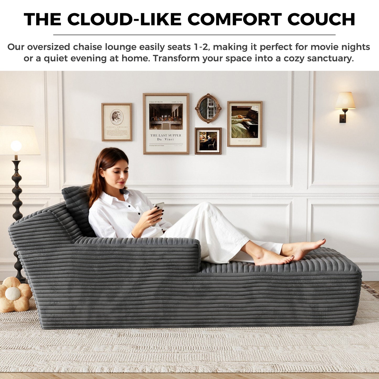67'' Oversized Chaise Lounge Chair, Cloud Plush Corduroy Sofa Bed for Living Room, Modern Deep Seat Sleeper Couch with Back Cushion, No Assembly Required, (Charcoal)