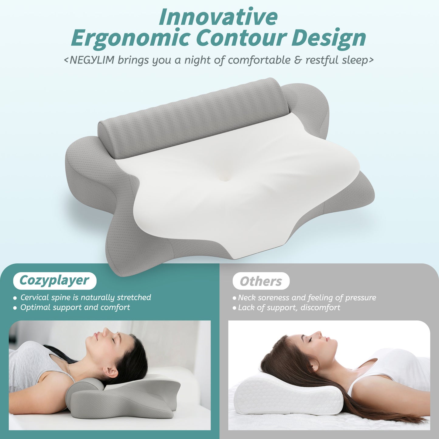 NEYGLIM 2PCS Cervical Neck Pillows with Detachable Cervical Neck Roll for Neck & Shoulder Pain Relief, Pregnancy Pillows with Cooling Cover for Improves Sleep,  Gray