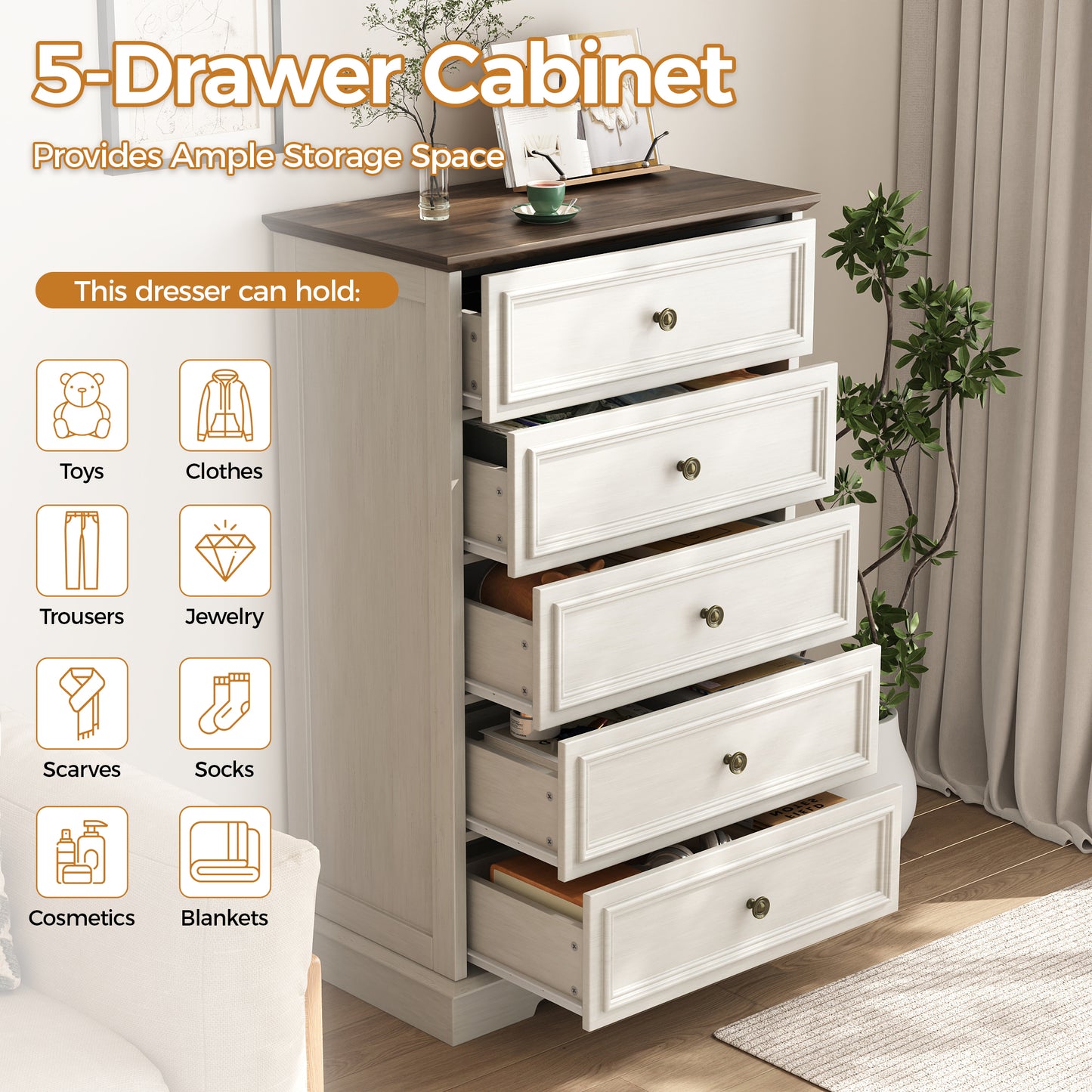 5 Drawer Dresser, Wood Chest of Drawers for Bedroom, Retro Storage Cabinet Dresser Organizer Unit with Antique Bronze Round Handles for Living Room, Closet, Hallway, Entryway