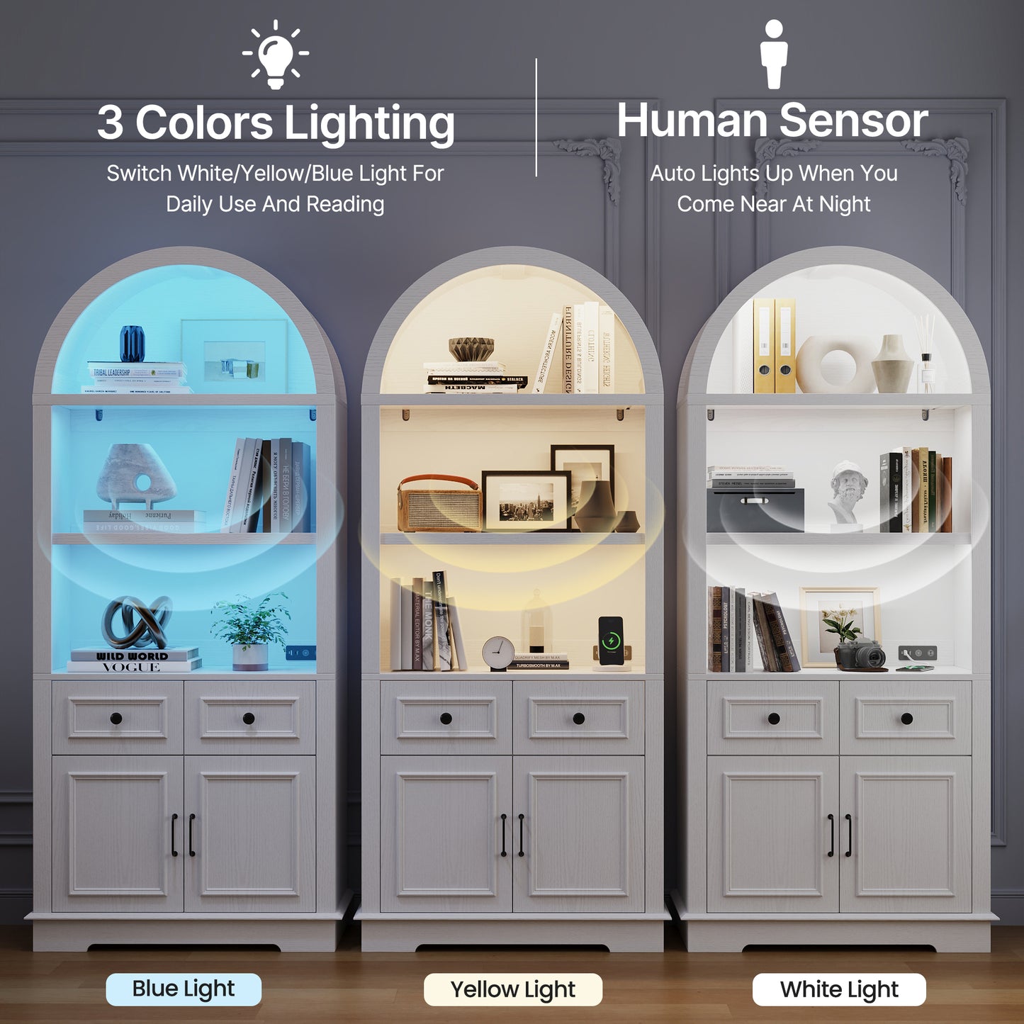 Negylim White Arched Display Coffee Station Cabinet with LED Lights, Freestanding Wooden Storage Unit with Open Shelving, Drawers & Enclosed Cabinet for Kitchen & Living Room Beverage Organizer