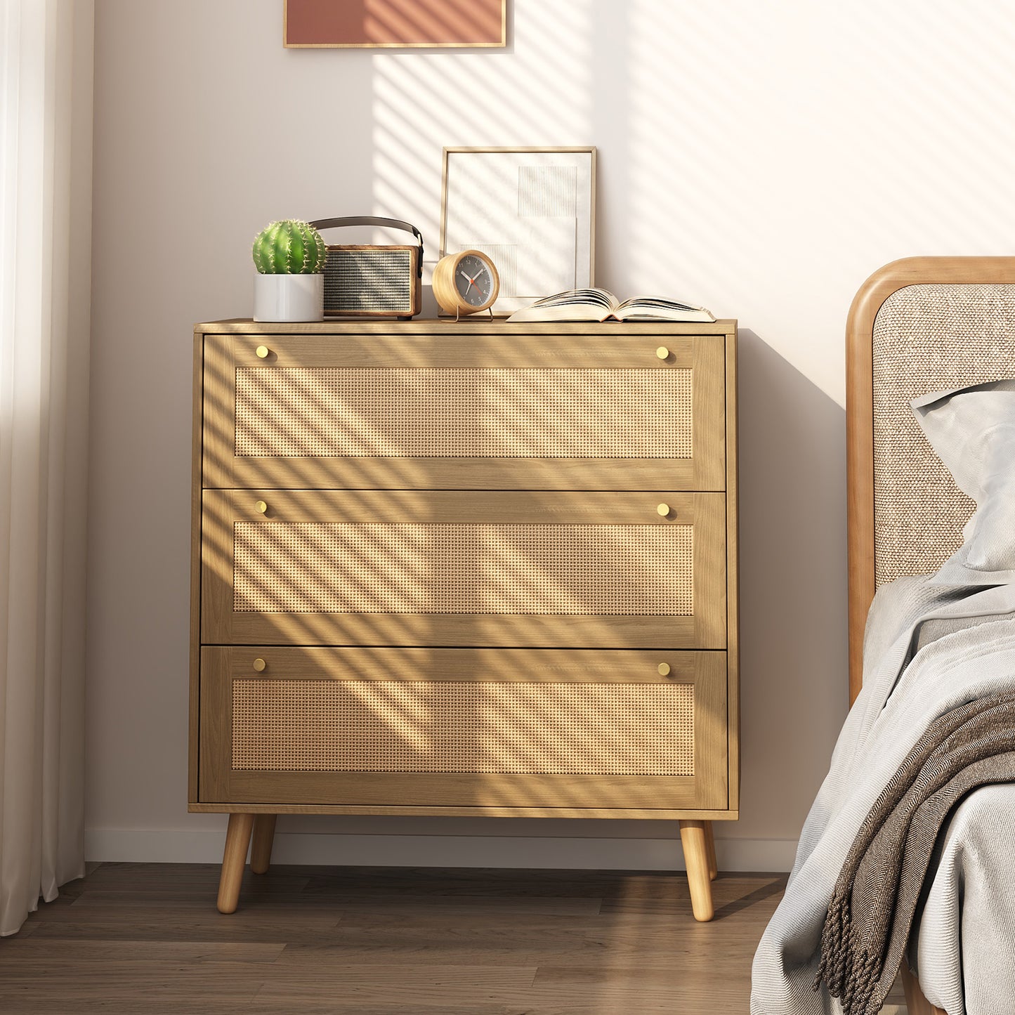 Wood Color Dresser for Bedroom, Farmhouse Rattan Dressers, 3 Drawers Dressers Chest for Bedroom Hallway Living Room