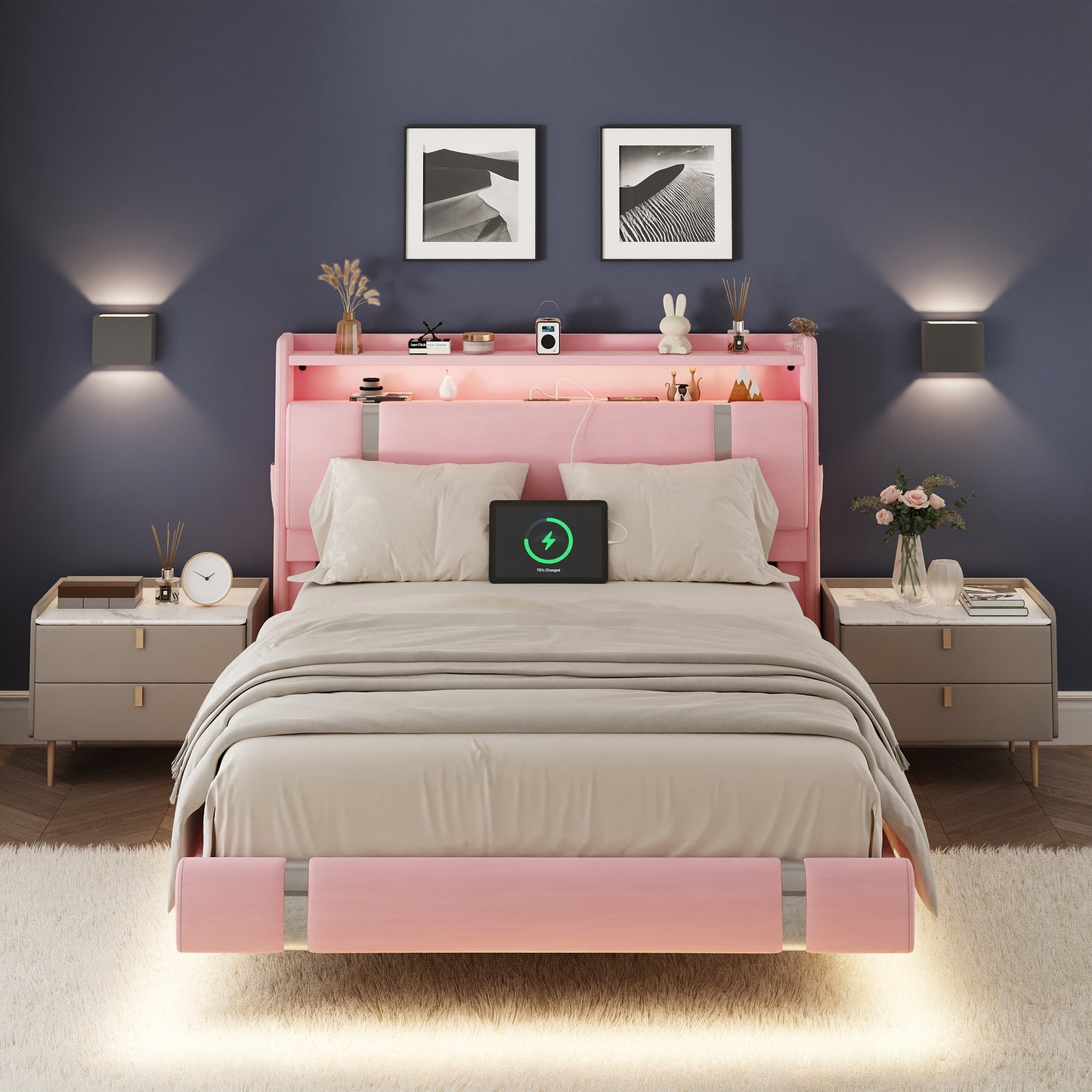 NEGYLIM Floating Bed Frame Twin Size with LED Lights, Easy to Assemble, Metal Platform Bed with Storage Headboard, No Box Spring Needed, Pink