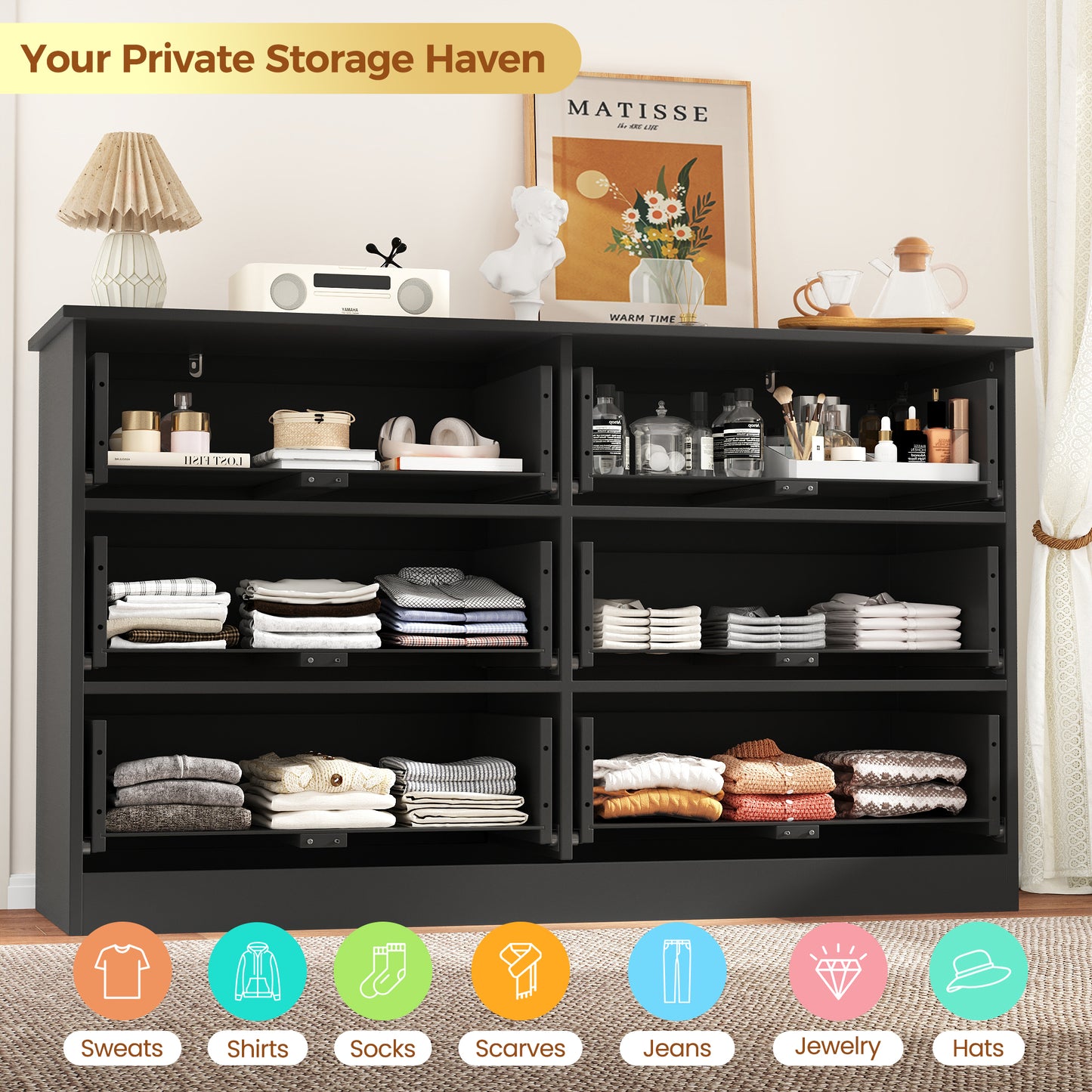 NEGYLIM 6-Drawer Black Dresser, 47-inch Wide Chest for Bedroom Storage, Farmhouse Style with Anti-Tip Safety