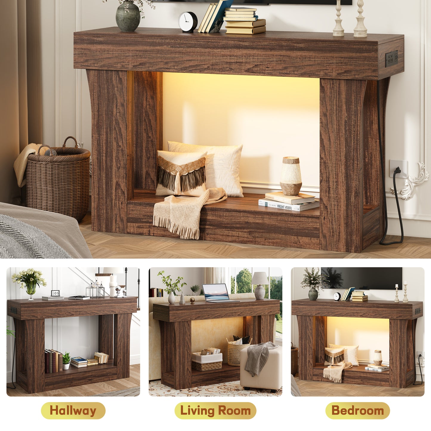 47" Console Table with Charging Station, Farmhouse Natural Entryway & Hallway Table for Living Room & Bedroom, Brown