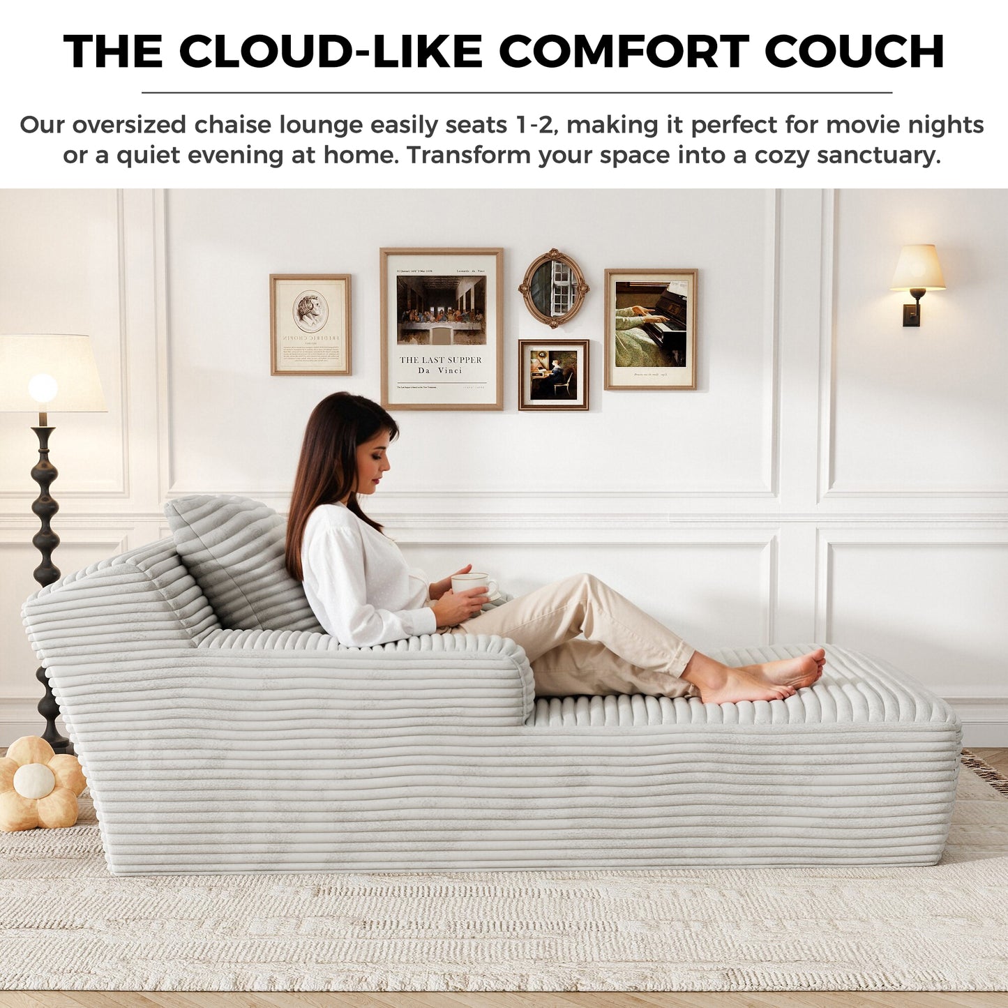 67'' Oversized Chaise Lounge Chair, Cloud Plush Corduroy Sofa Bed for Living Room, Modern Deep Seat Sleeper Couch with Back Cushion, No Assembly Required, (Oyster White)