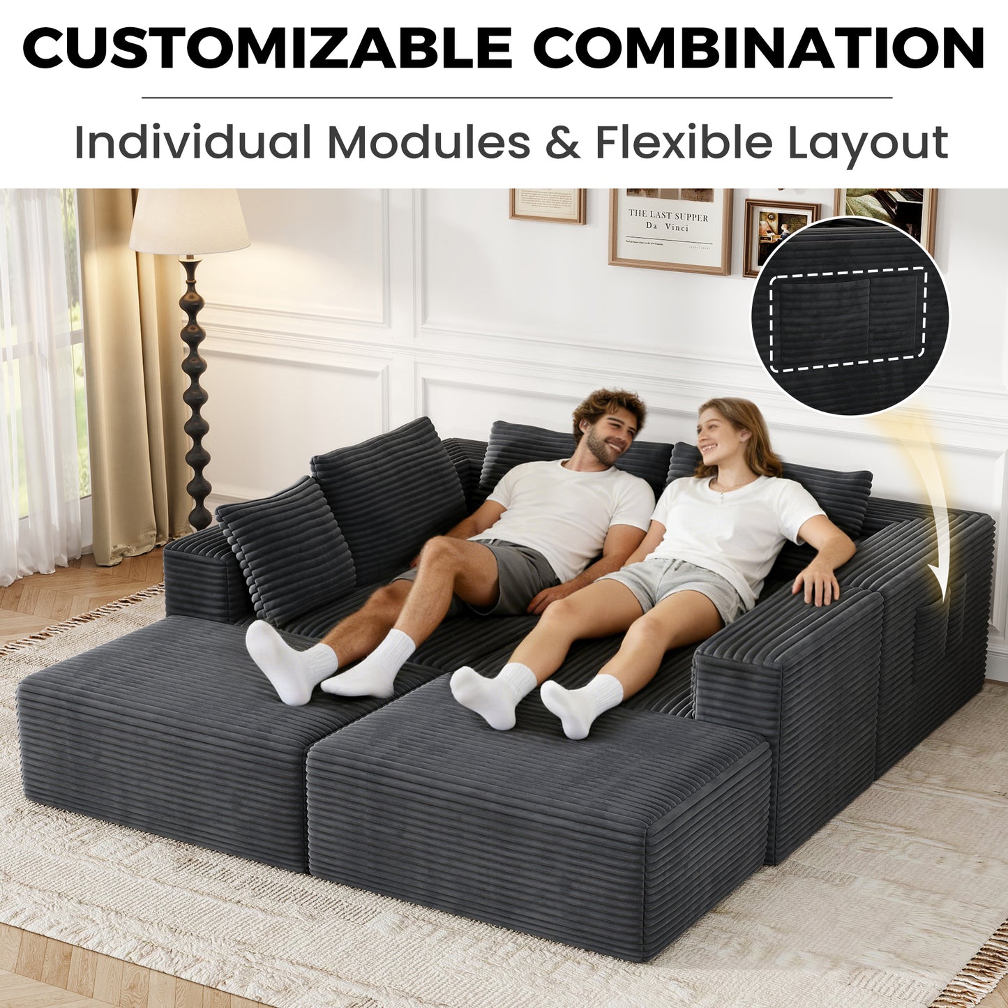 137 Inch Charcoal Cloud Sectional Sofa forf living room , No Sagging Foam U-Shaped Modular Couch, Big Couch Includes 4 Back Cushions & 4 Pillows, No Assembly Required
