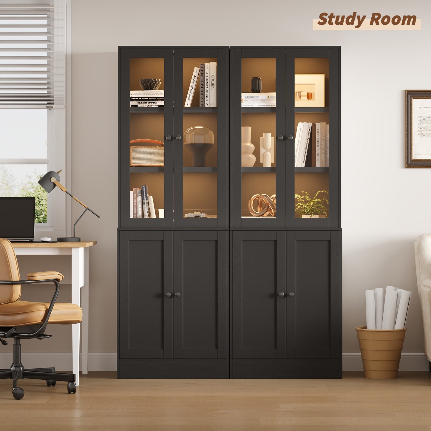 2Pcs 71" Bookshelf with Storage, Modern Bookshelves with 3 Large Drawer, Display Bookcase with Glass Doors, Modern DIY Mix Cabinet for Home Office, Dining Room (Black, BA)