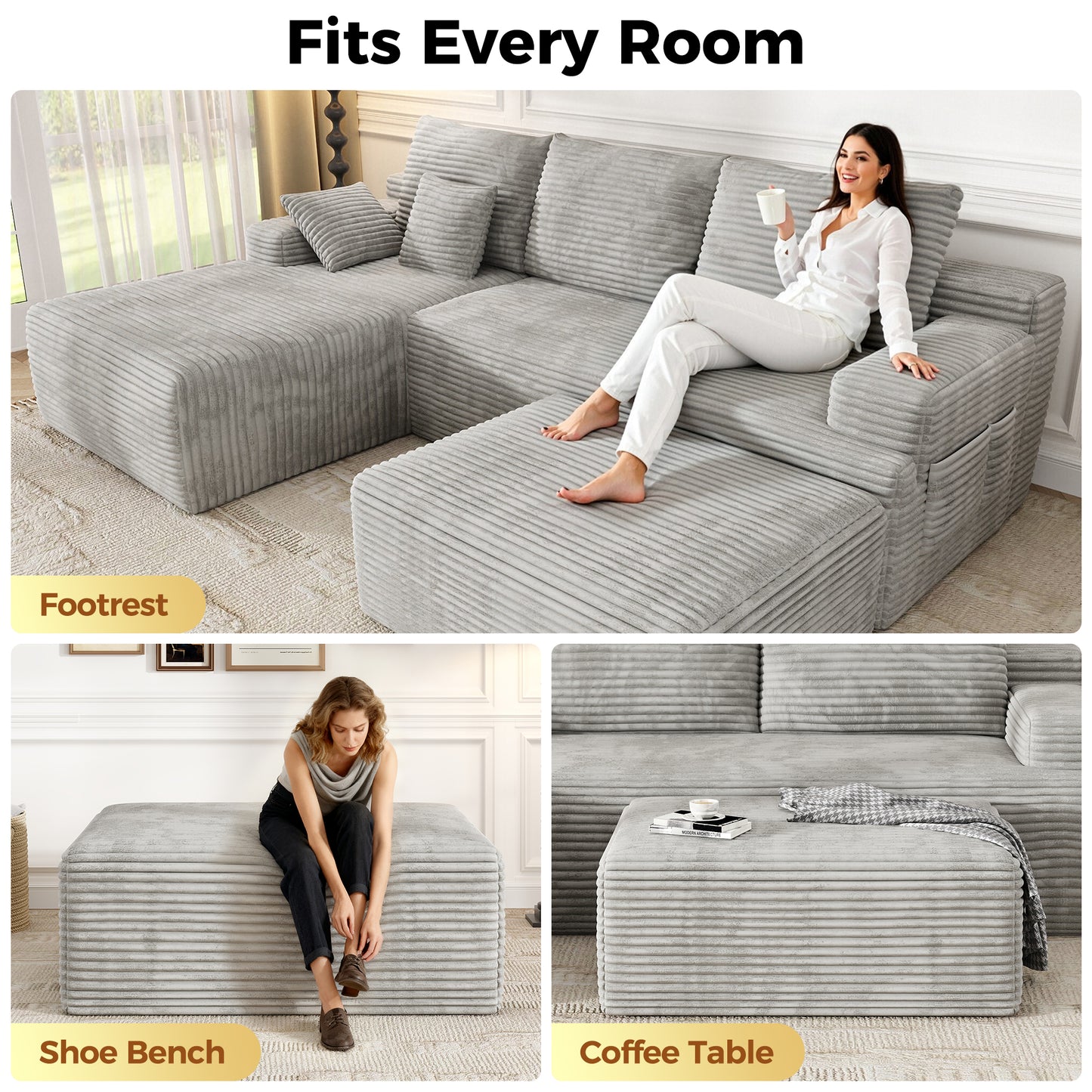 Oversized Sofa Ottoman Footrest, Matching Cushion for L-Shaped Sofa to Create U-Shaped Sectional , Large Seat Stool, High Resilience Foam & Corduroy Fabric, for Living Room Bedroom, (Oyster White)