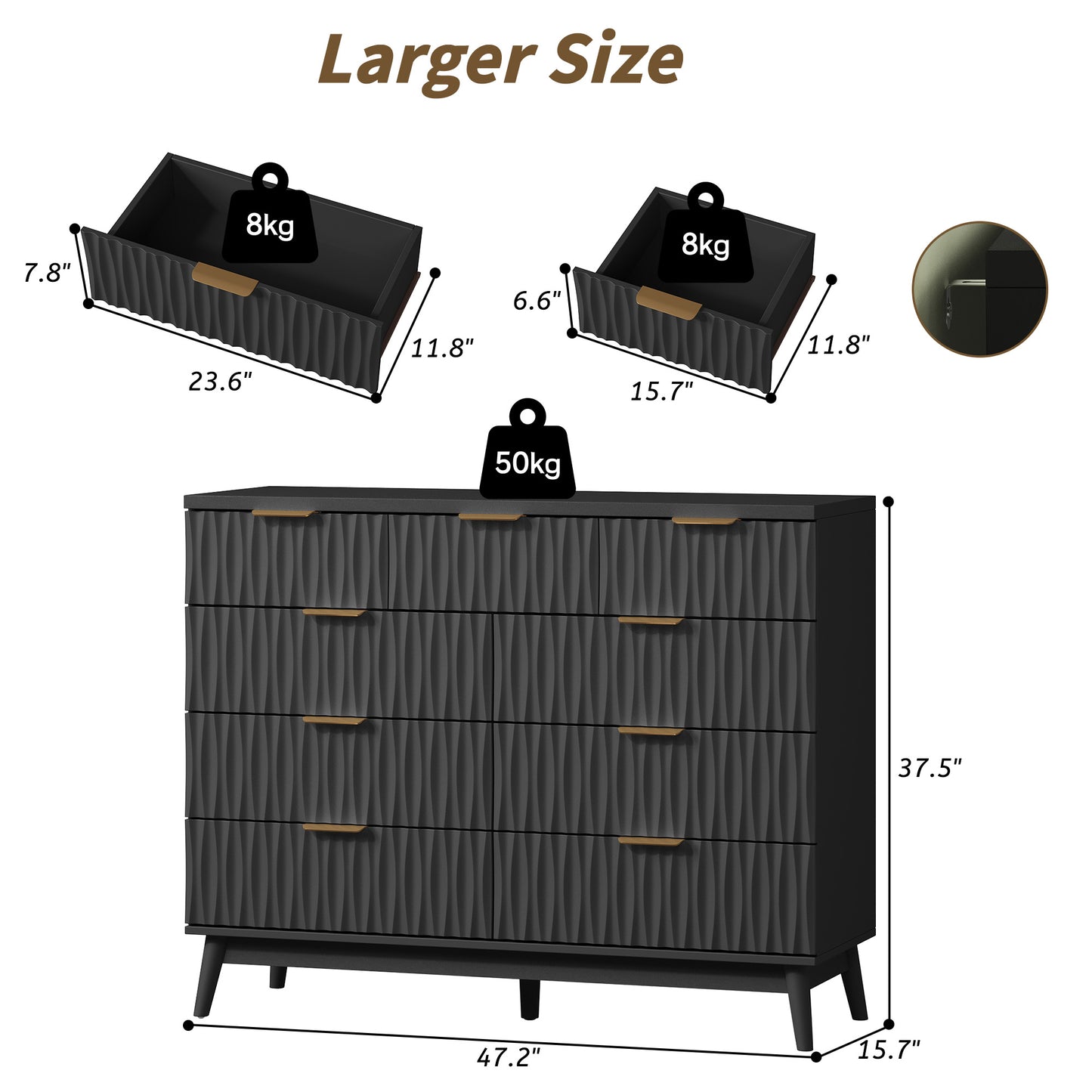 NEGYLIM 47" Wood Dressers with 9 Drawers for Bedroom, Fluted Wood Dresser Chest of Drawers for Bedroom, Storage Cabinet for TV Stand, Living Room, Entryway, Black