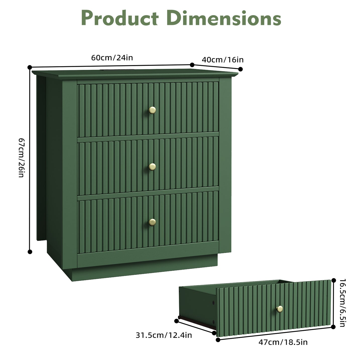 Modern Nightstand with Charging Station & 3 Drawers, 24 Inch Wide Bedside Table Set of 2 for Bedroom and Living Room, Large Storage End Table with Fluted Design, Green