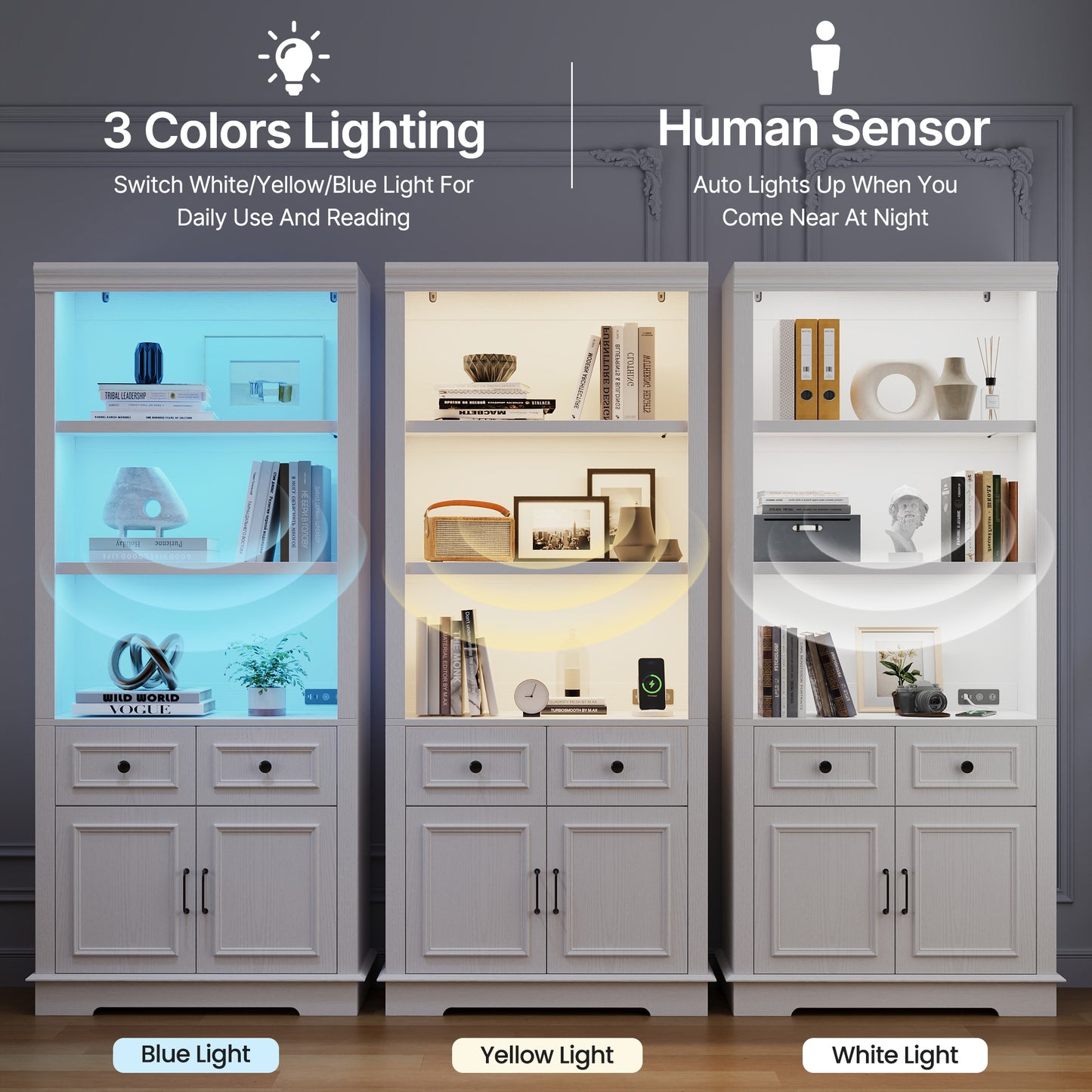 Negylim 71” Tall Lighted Coffee Bar Cabinet, Farmhouse White Pantry Storage Hutch with Built-in LED Strip Lights, 3 Open Display Shelves, 2 Pull-Out Drawers & Closed Storage Cupboard