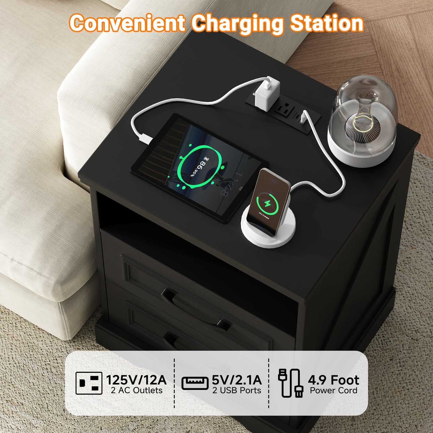 NEGYLIM 2-Piece Nightstand, Farmhouse End Table with Charging Station, 2 Drawers Storage for Bedroom