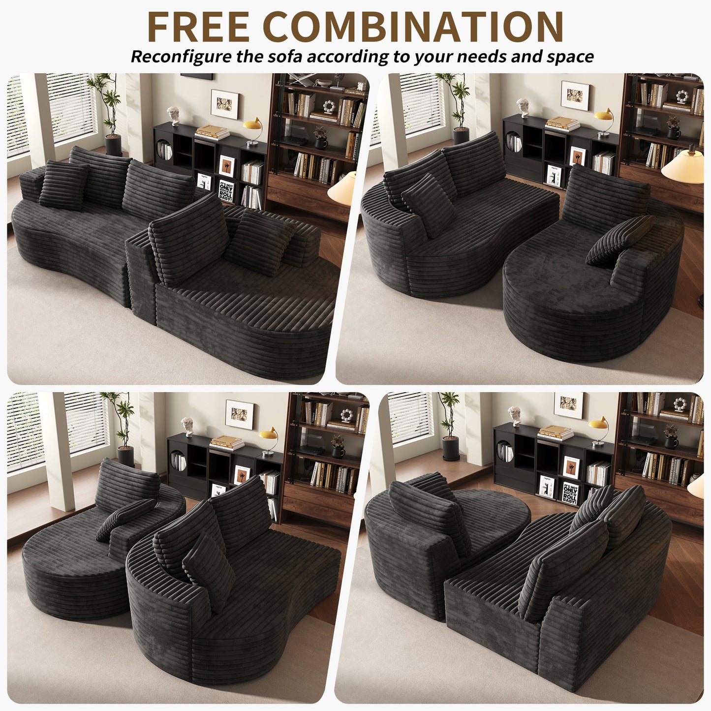 118" Curved Modular Cloud Couch, L-Shape Chaise Sectional Sofa with Plush Deep Seat, Soft Corduroy Upholstered Boneless Sofa for Living Room, No Assembly Needed, Black