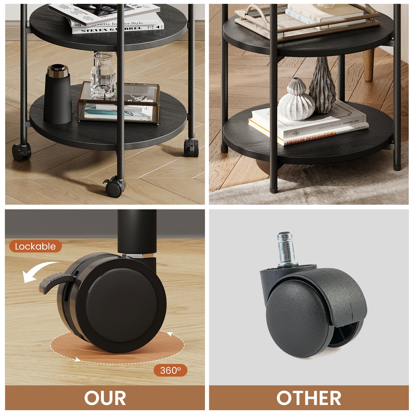 NEGYLIM End Side Table，Round Sofa Table with Metal Frame, 3-Tier Coffee Table Nightstand for Bedroom, Living Room, Nursery