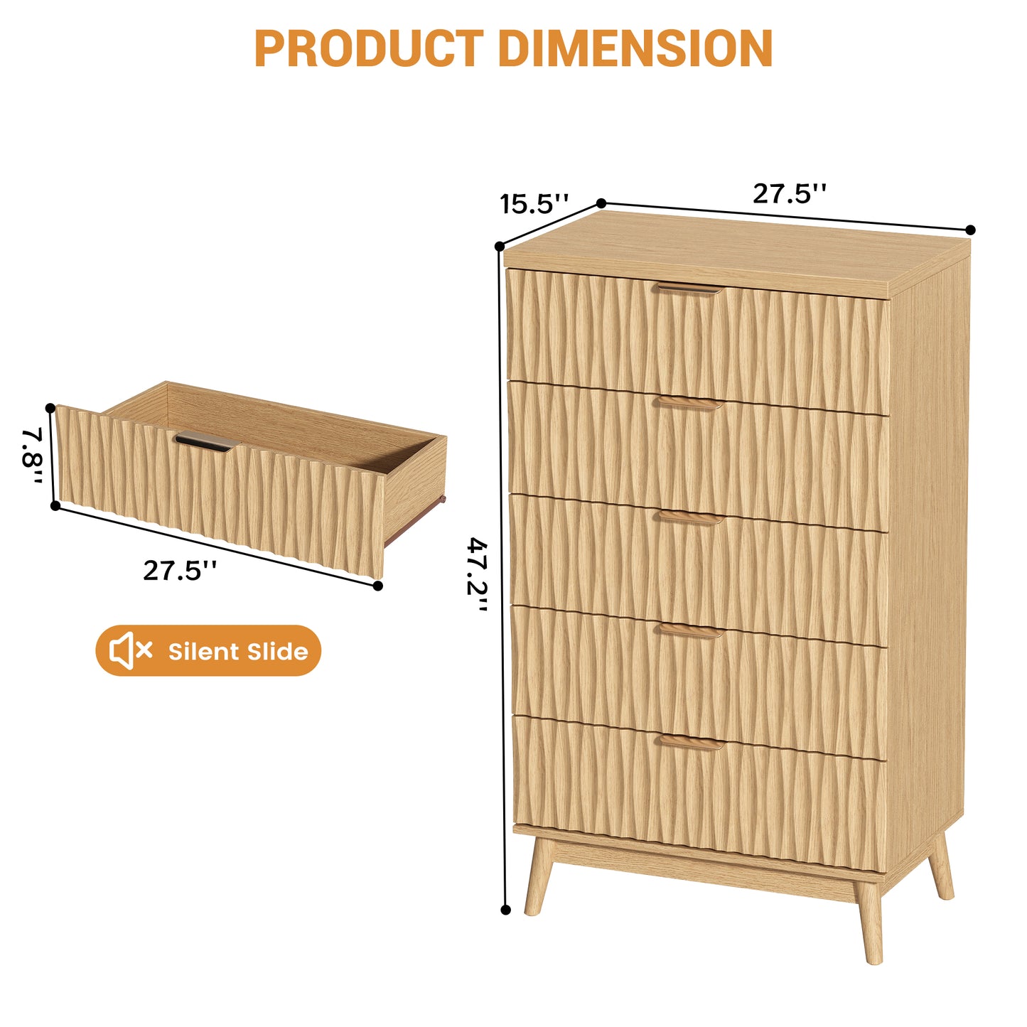 47" Tall 5 Fluted Drawer Dresser, Solid Wood Chest of Drawers with Glossy Handle, Storage Cabinet for Bedroom, Living Room, Entryway