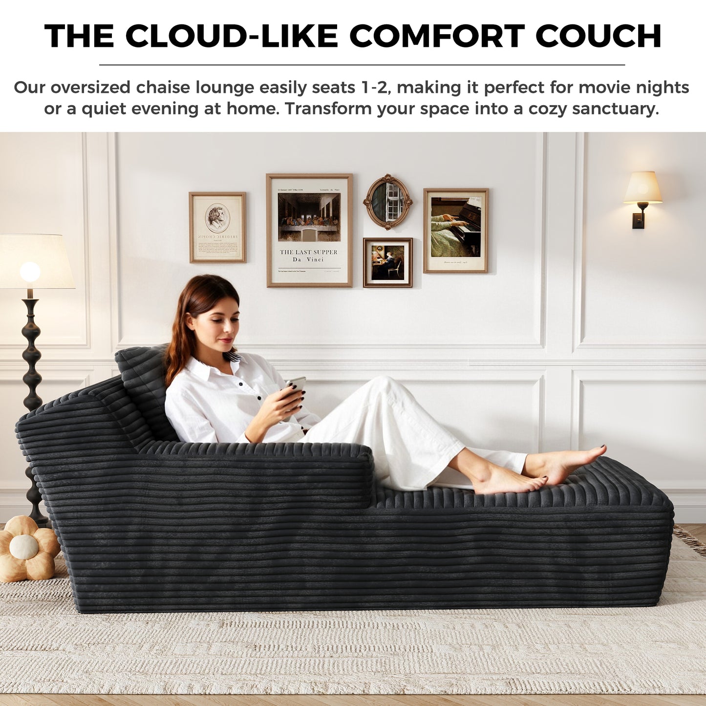 67'' Oversized Chaise Lounge Chair, Cloud Plush Corduroy Sofa Bed for Living Room, Modern Deep Seat Sleeper Couch with Back Cushion, No Assembly Required, (Deep Black)