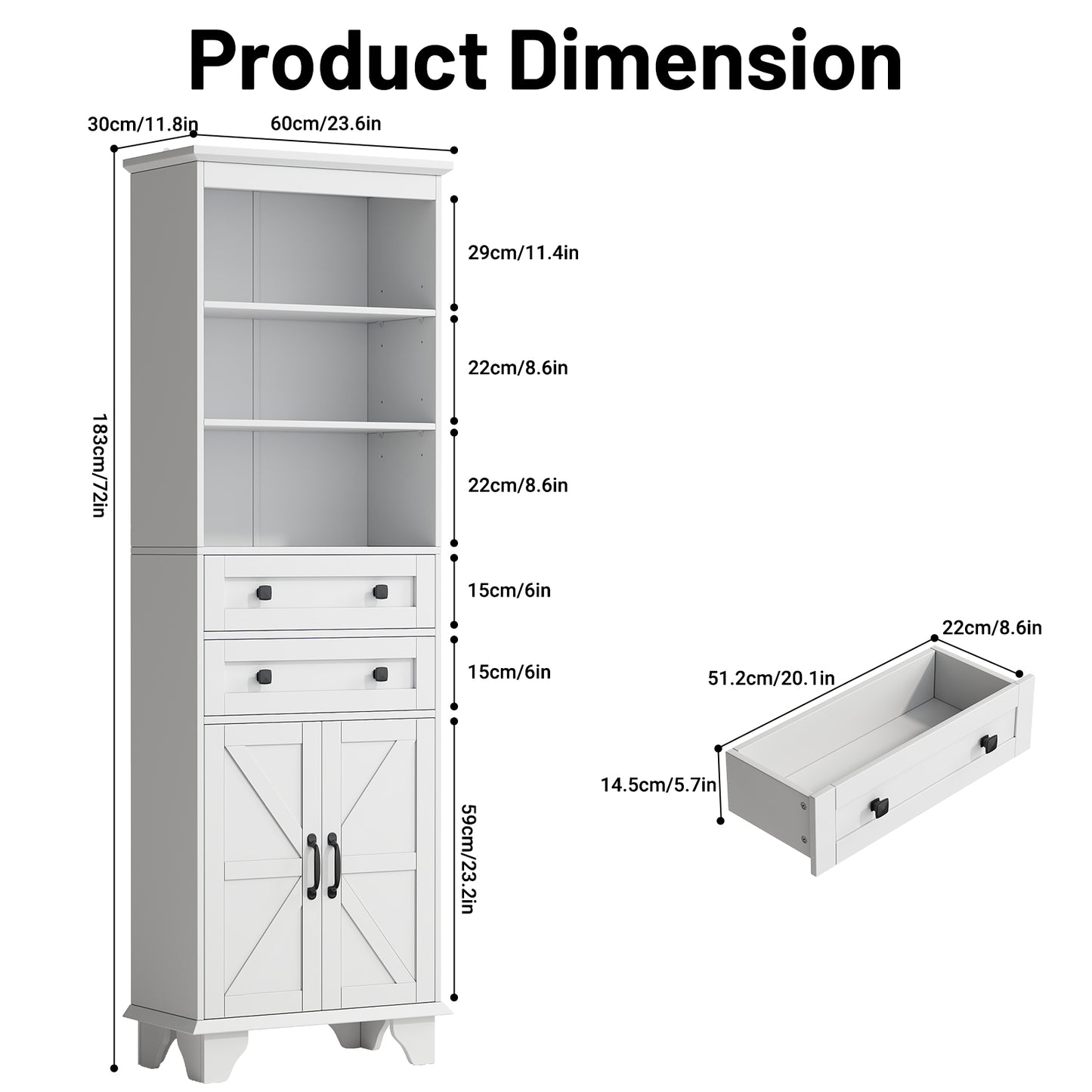 NEGYLIM 72" Tall Bathroom Storage Cabinet, Freestanding Cabinet with Adjustable Shelves, Large Bathroom Pantry Cabinet with 2 Drawers for Living Room, Kitchen, Dining Room, Office, White