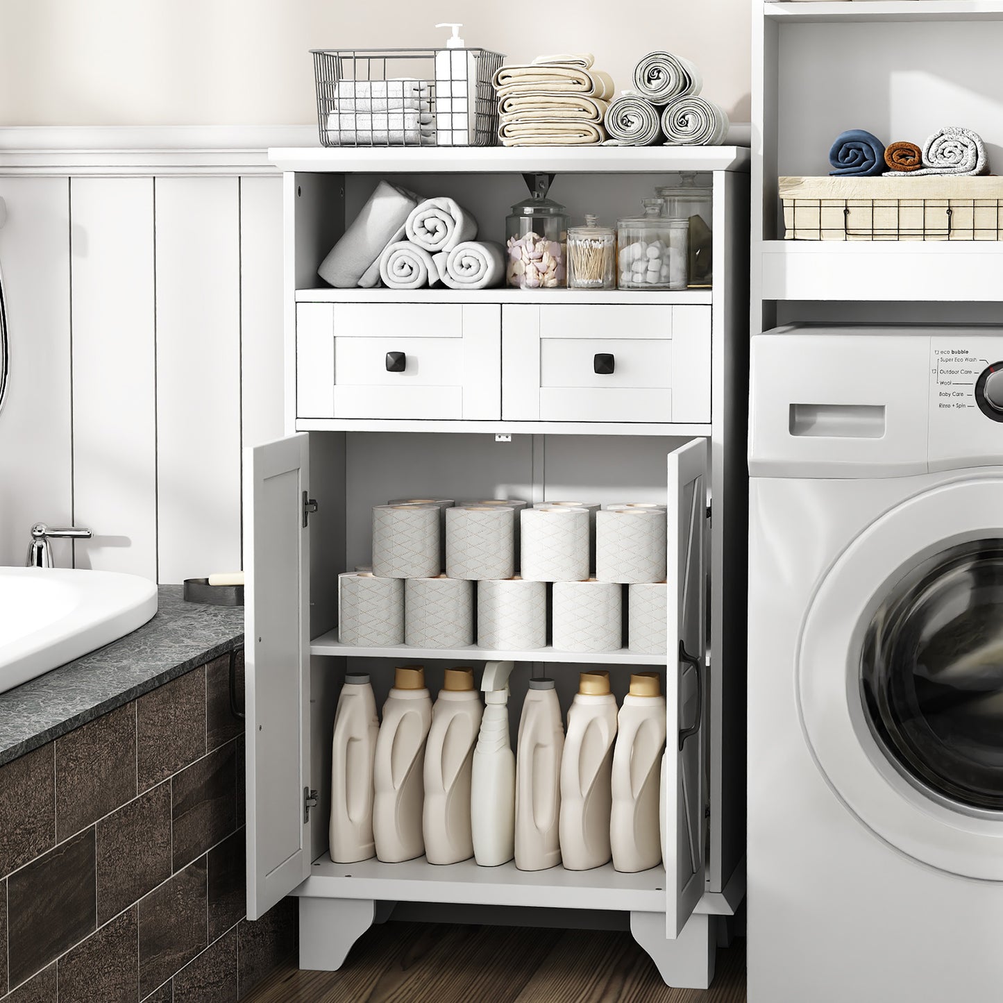 Bathroom Storage Cabinet, Farmhouse Bathroom Floor Cabinet freestanding with Doors and Drawers, 41.3"H Bathroom Organizer with Adjustable Shelf, White