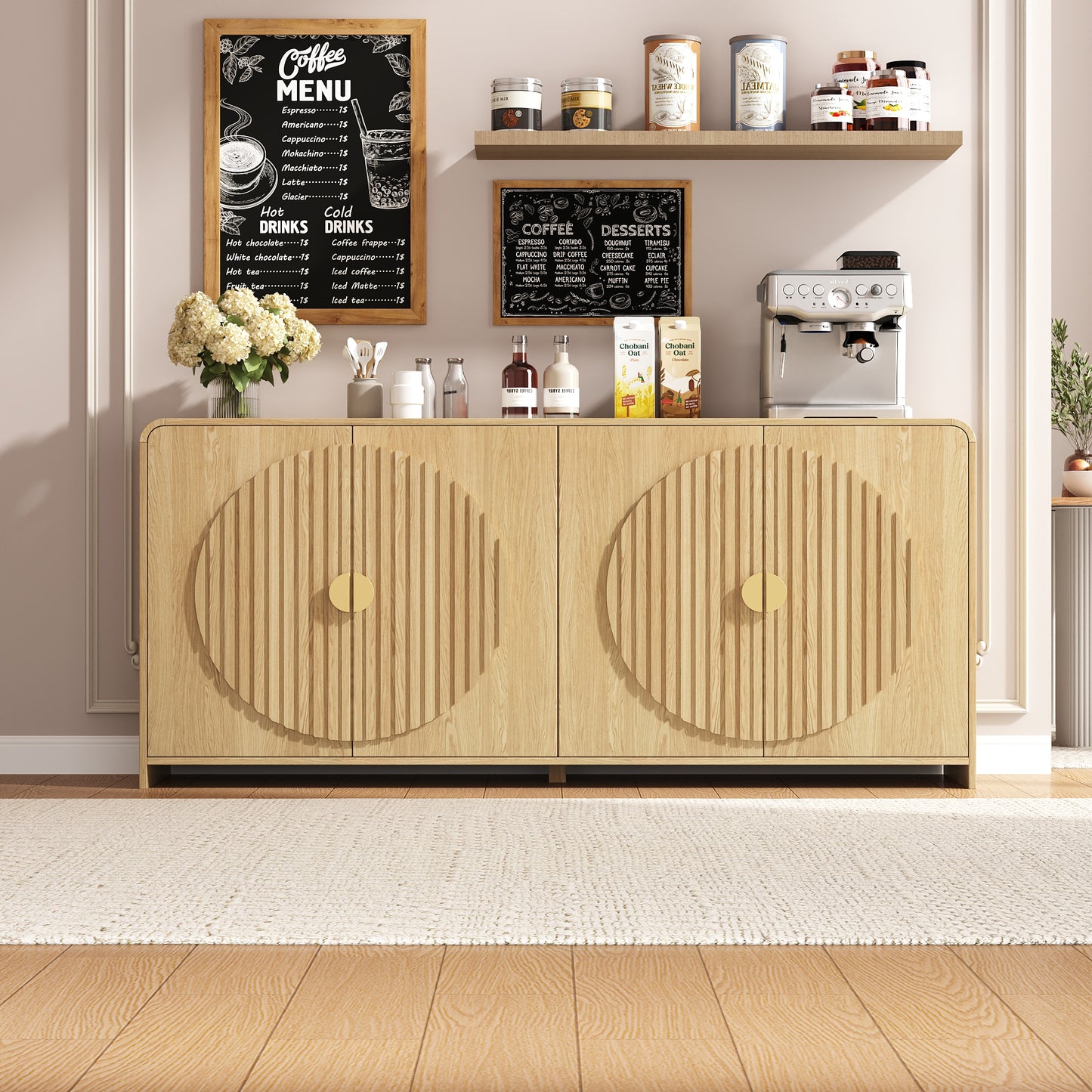 65" Large Sideboard Buffet Cabinet with Adjustable Shelves – Modern Farmhouse Coffee Bar & Dining Room Storage, Solid Wood Kitchen Table with Doors (Natural Finish)