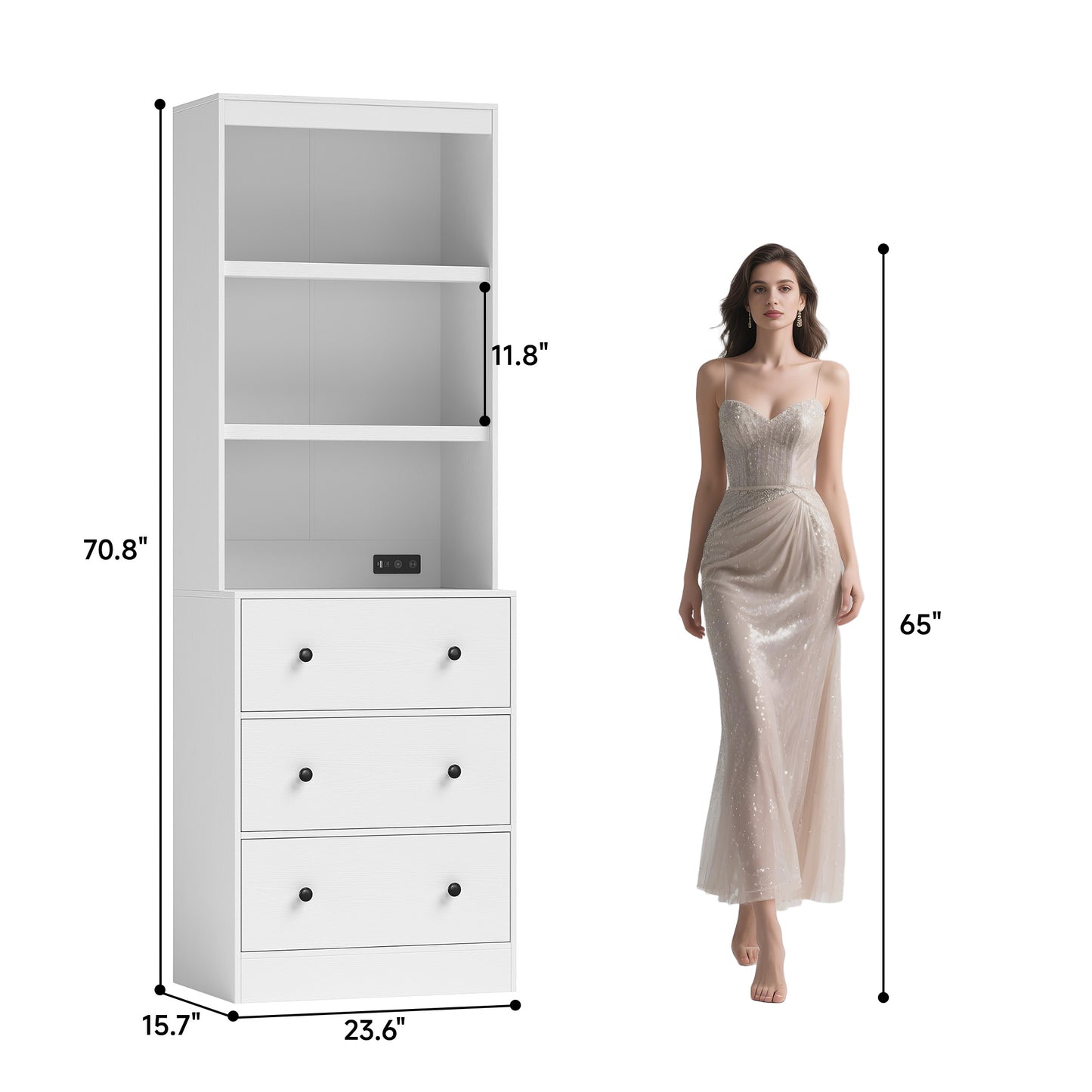 NEGYLIM 2PCS 71" Tall Bookcase with Sensor Lights, White Bookshelf with Charging Station, Bookshelves with 3 Large Drawers for Living Room Home Office