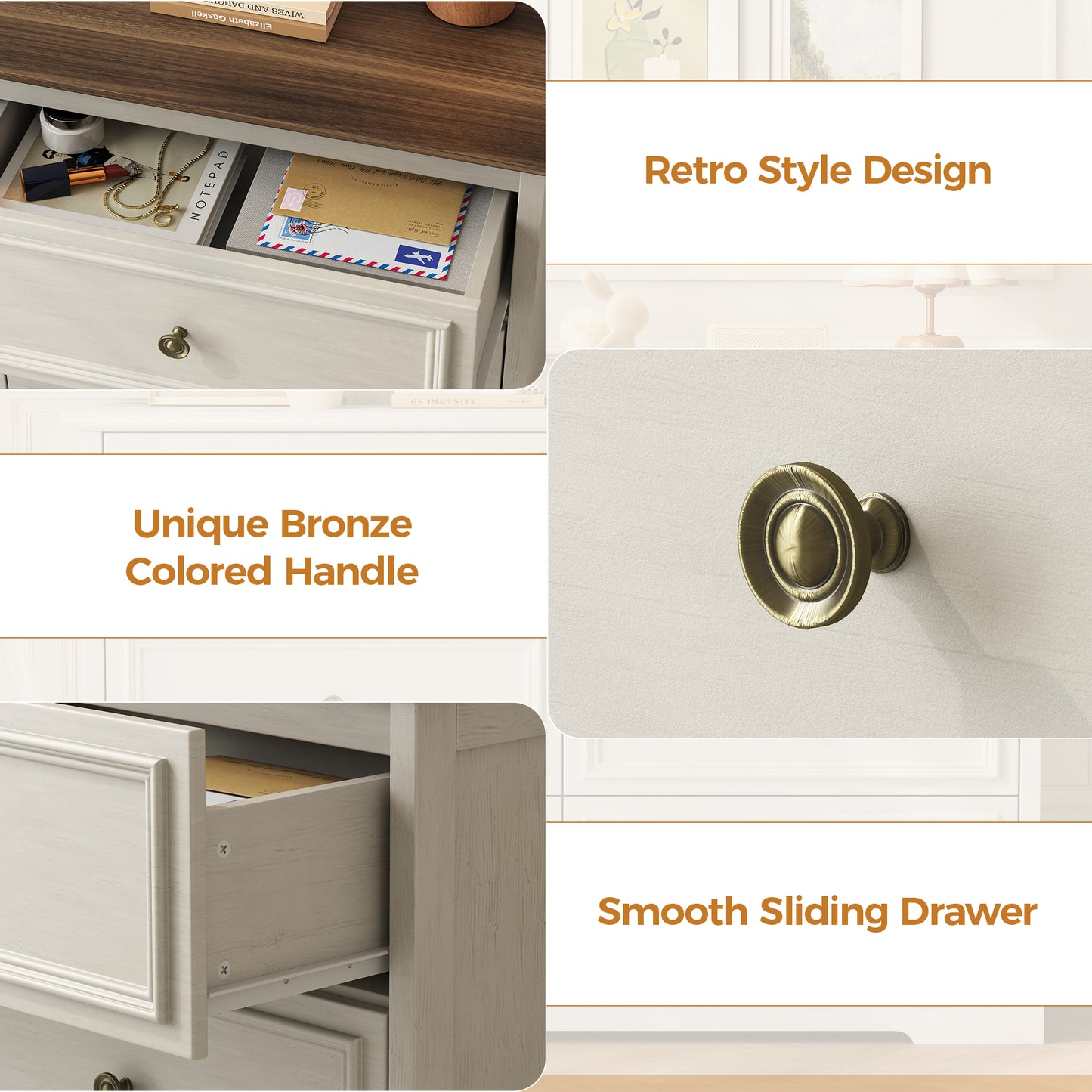 6 Drawer Dresser for Bedroom, 50.4" * 15.7" * 35.8" Retro Style Chest of Drawers, Wood Storage Double Dresser with Deep Drawers for Living Room, Hallway Entryway