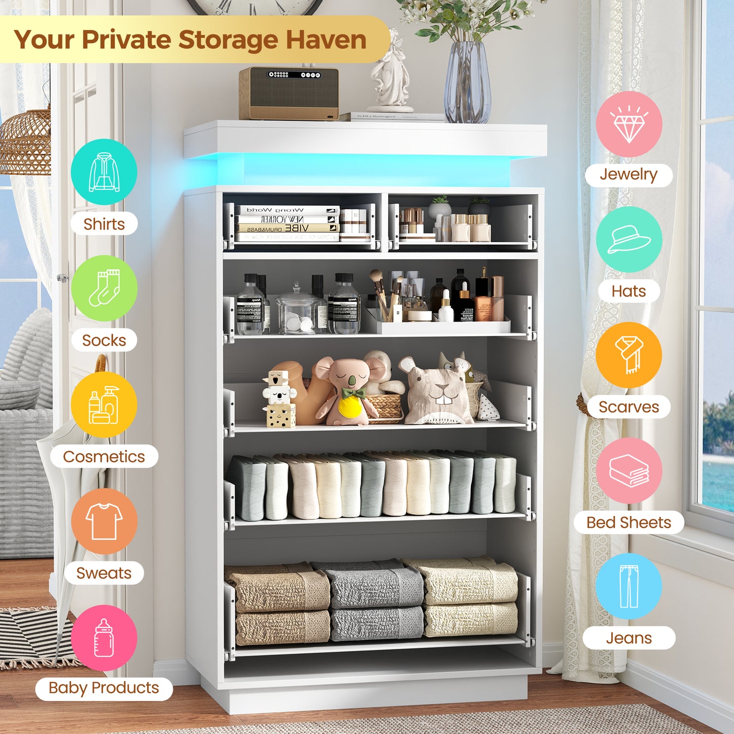 NEGYLIM 6 Drawer White Dresser, High Gloss Dresser with LED Light for Bedroom, Living Room, Hallway, Easy Assembly