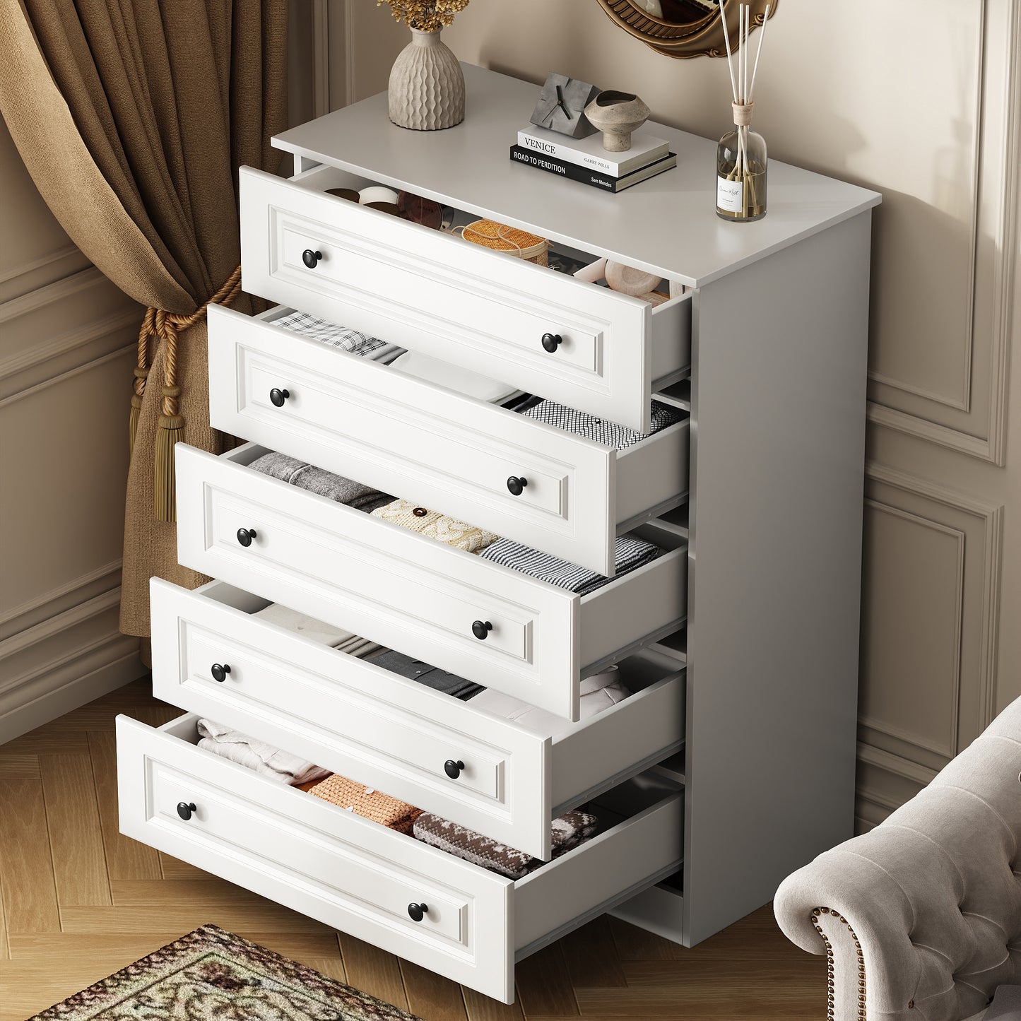 NEGYLIM 5 Drawer Dresser Tall, Modern White Chest of Drawers with Anti-Tip, Large Storage for Bedroom, Hallway, Entryway, (White)