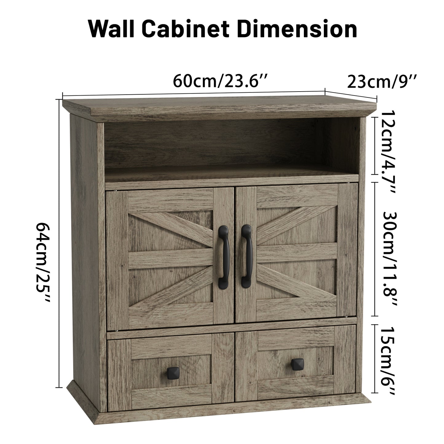 NEGYLIM Wall-Mounted Bathroom Cabinet with Barn Doors, Adjustable Shelf, 2 Drawers, Rustic Modern Style Storage Organizer for Toilet, Bathroom, Laundry Room