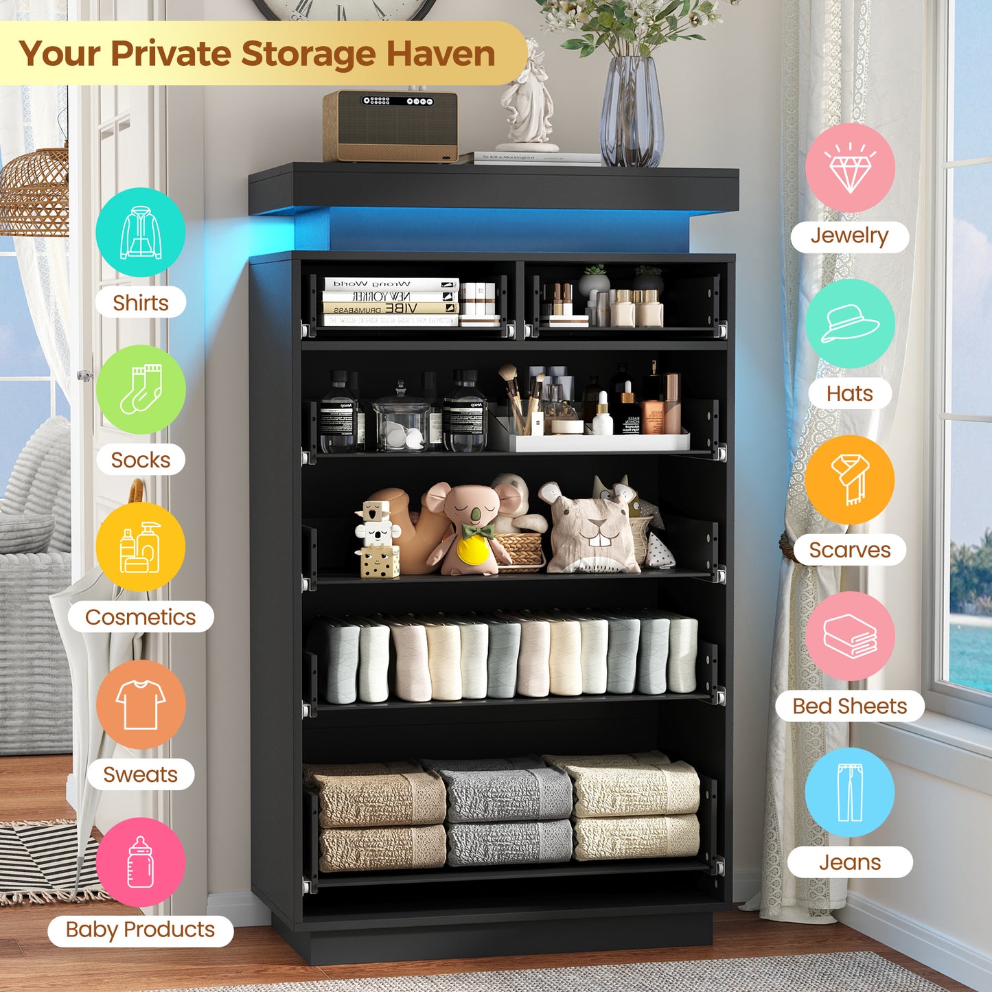NEGYLIM 6 Drawer Black Dresser, High Gloss Dresser with LED Light for Bedroom, Living Room, Hallway, Easy Assembly