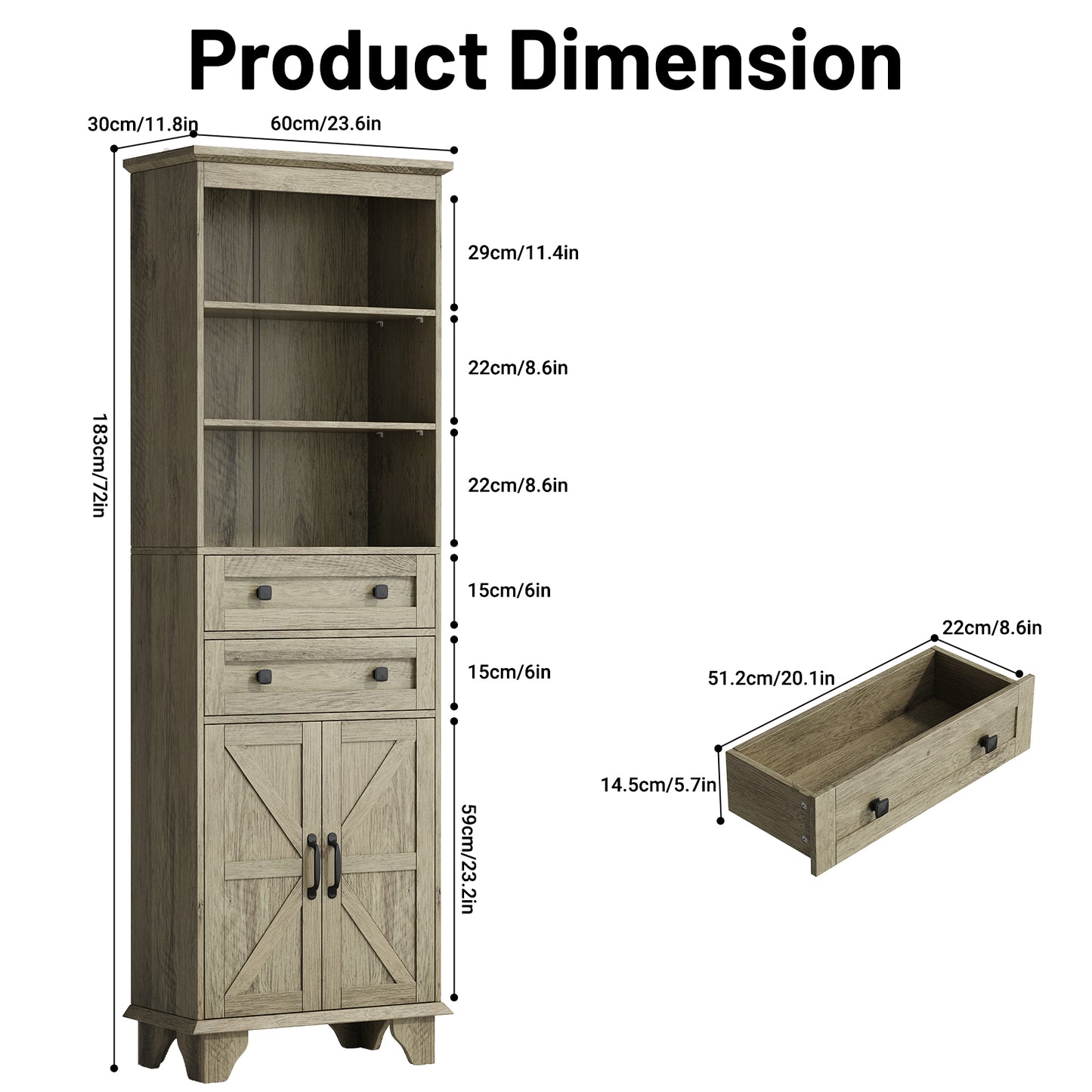 NEGYLIM 72" Tall Bathroom Storage Cabinet, Freestanding Cabinet with Adjustable Shelves, Large Bathroom Pantry Cabinet with 2 Drawers for Living Room, Kitchen, Dining Room, Office, Grey