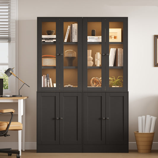 NEGYLIM 2PCS 71" Bookcase with Glass Door,Display Bookshelves with Charging Station & Adjustable LED Lights,Modern Bookcase for Living Room,Bedroom,Home Office (Black BB)