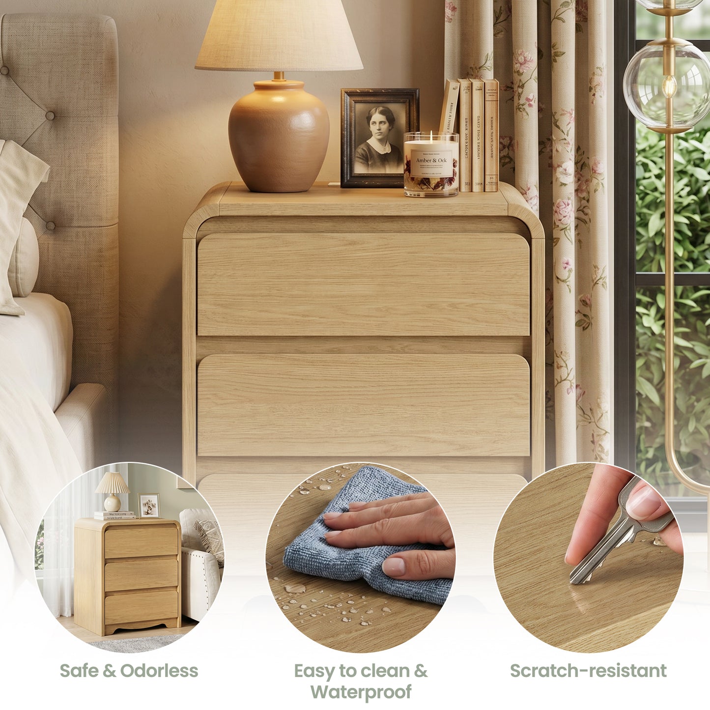 3 Drawers Modern Nightstand with Charging Station, Bedside Table for Bedroom and Living Room, Large Storage End Table with Curved Design, Natural