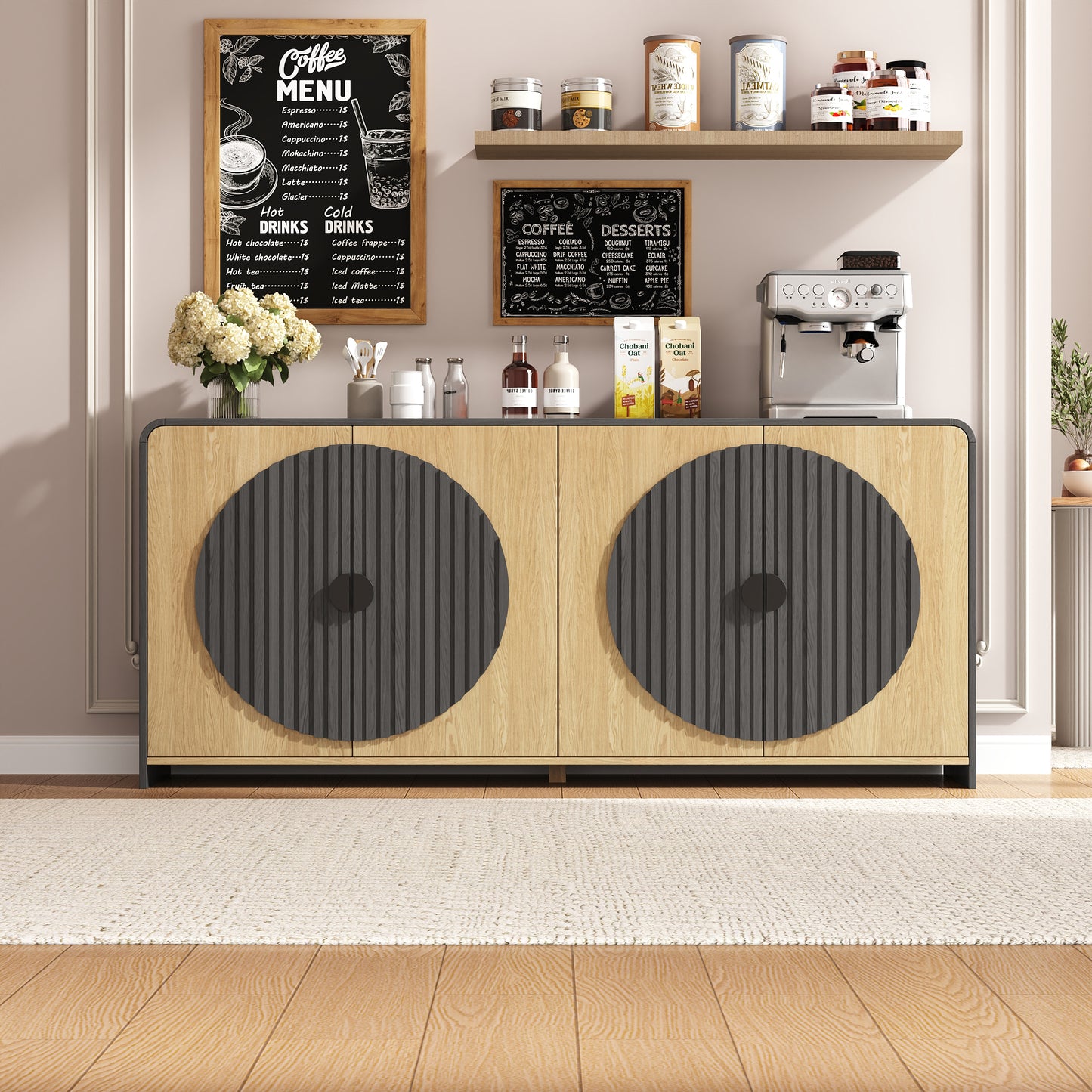 65" Large Sideboard Buffet Cabinet with Adjustable Shelves – Modern Farmhouse Coffee Bar & Dining Room Storage, Solid Wood Kitchen Table with Doors (Black)