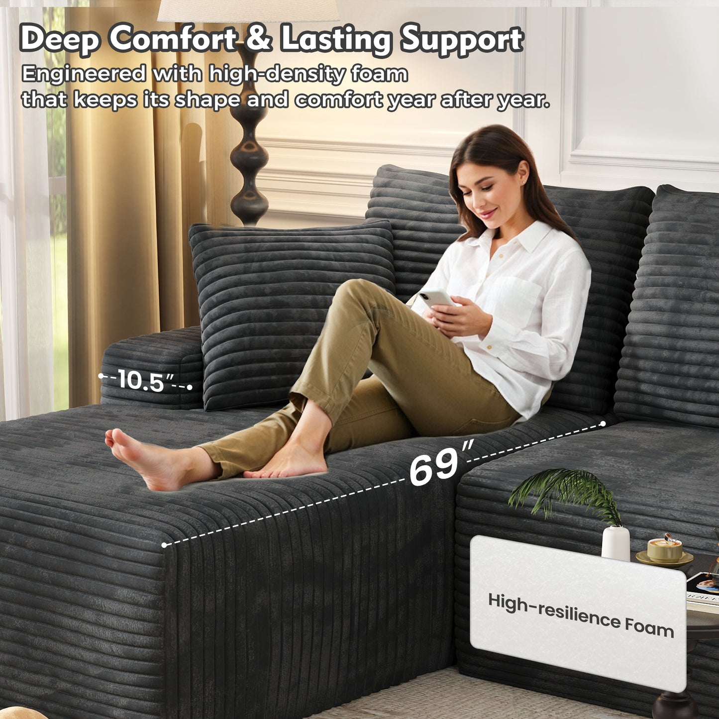104" Modular L-Shaped Sectional Sofa, No Assembly Required Boneless Sofa with Chaise, High Resilience Foam & Corduroy Fabric, for Living Room Bedroom,(Black Grey)