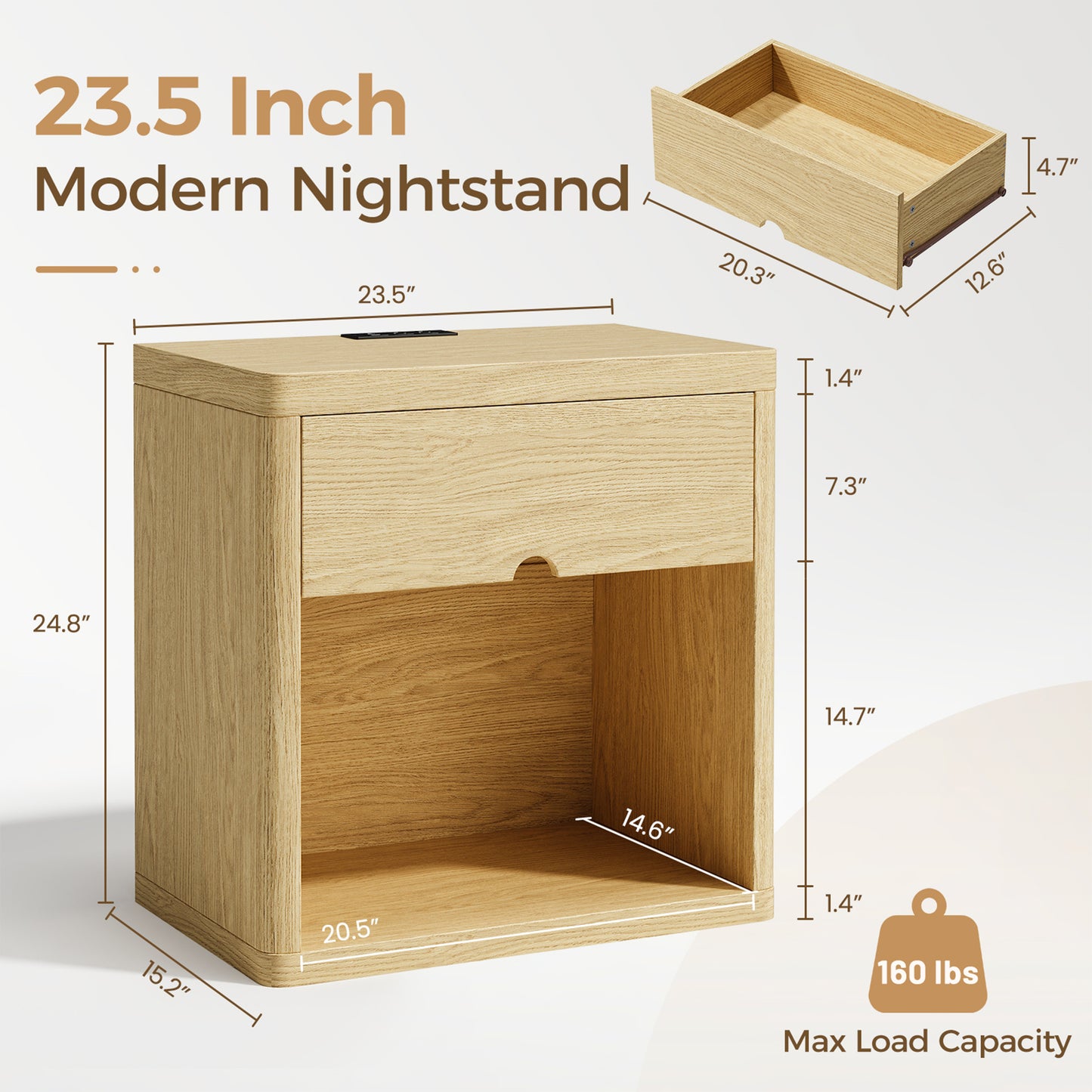 Set of 2 Wood Nightstands with USB Charging Station, 24" Bedside Tables with Safe Rounded Corners & Crescent Handles - Sturdy End Tables for Bedroom, Living Room, Nursery (Wood, 2-Piece Set)