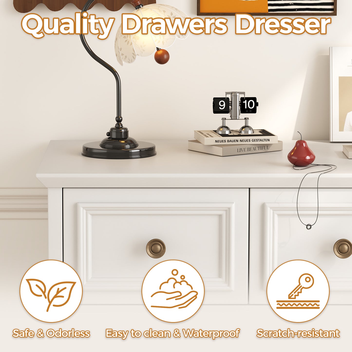 5 Drawer Dresser for Bedroom, Retro Style Chest of Drawers, 26.7"×15.7"×35.8" Wood Storage Dresser with Deep Drawers for Living Room, Hallway, Entryway, White