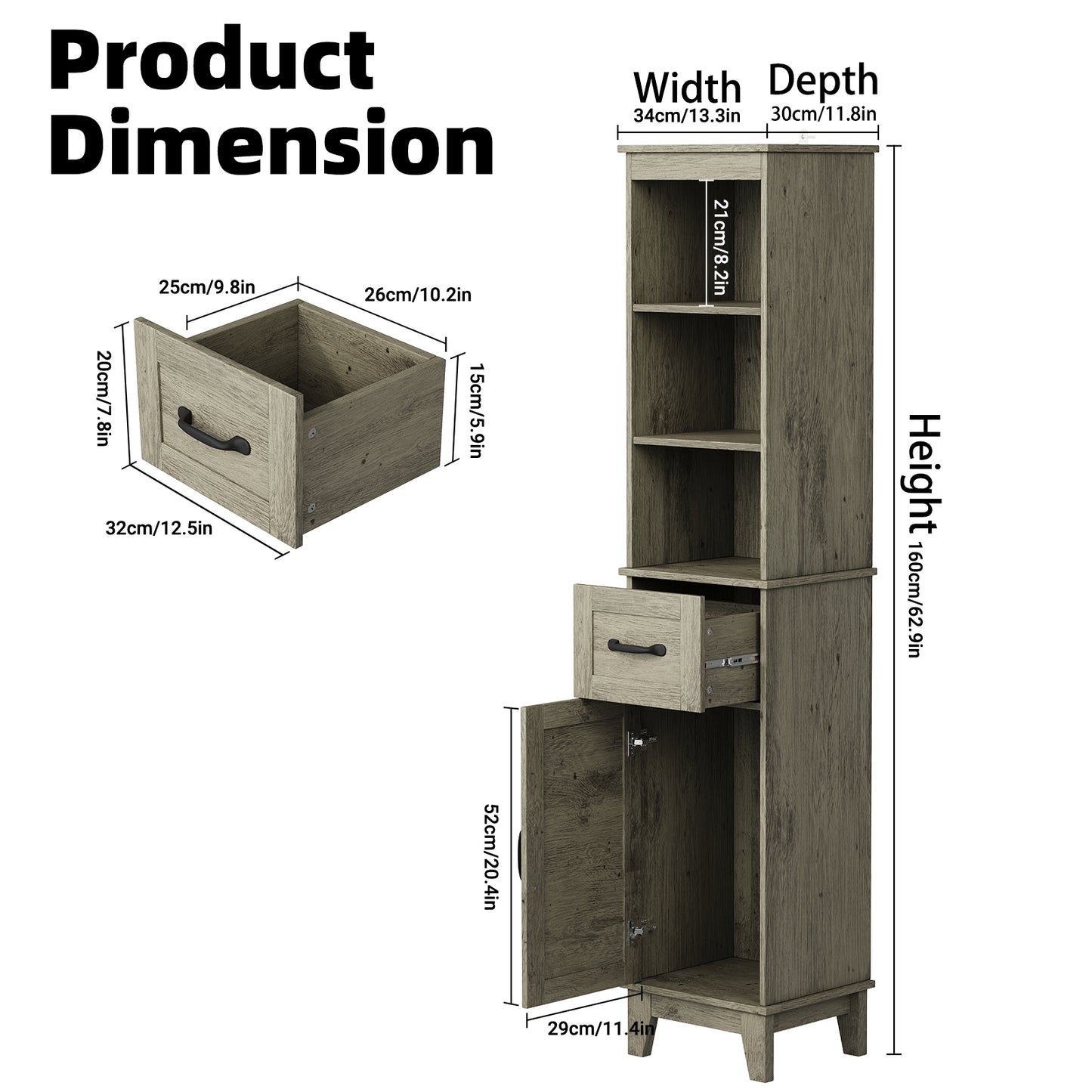 63” Tall Bathroom Storage Cabinet, Freestanding Linen Cabinet, Narrow Bathroom Storage with Barn Door and Drawer, Gray