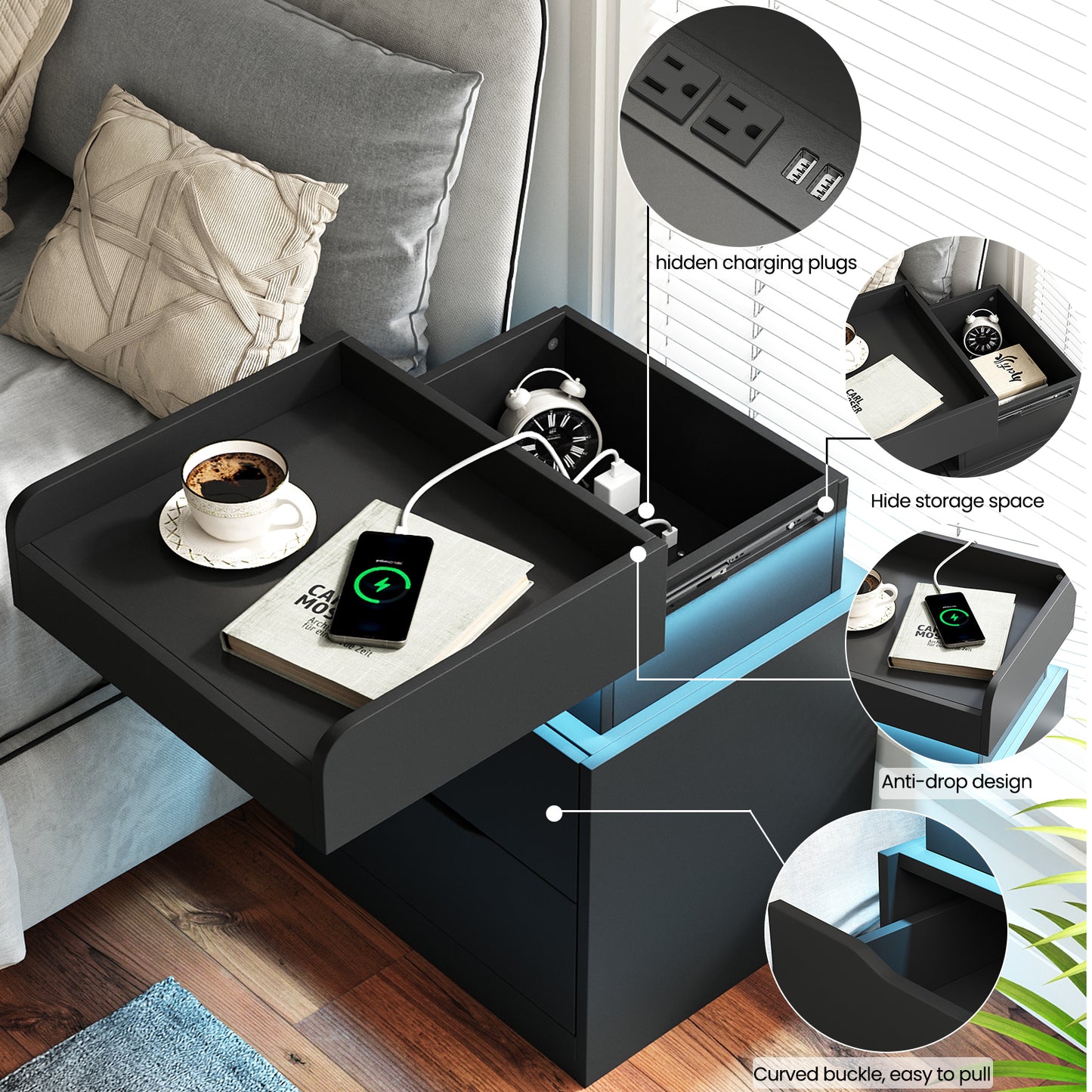 NEGYLIM Bedside Table, Modern Style, with 3 Drawers, Large Capacity, Multi-Color LED Lights & Charging Station, Bedroom Side Table