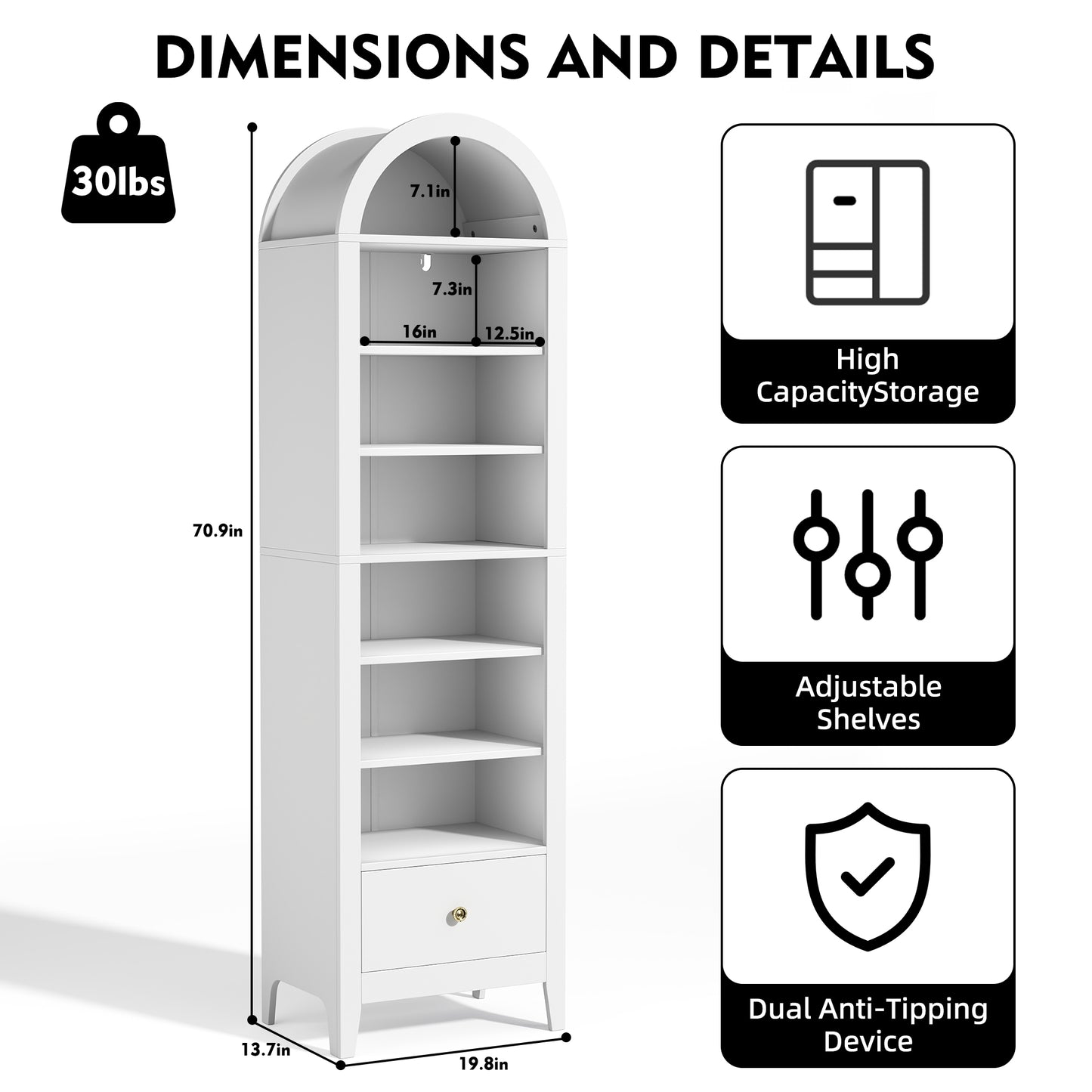 71" Tall Arched Storage Cabinet with Doors & Shelves – Multi-Purpose Pantry Cabinet for Kitchen, Bathroom, Living Room, Bedroom, Entryway & Office (White)