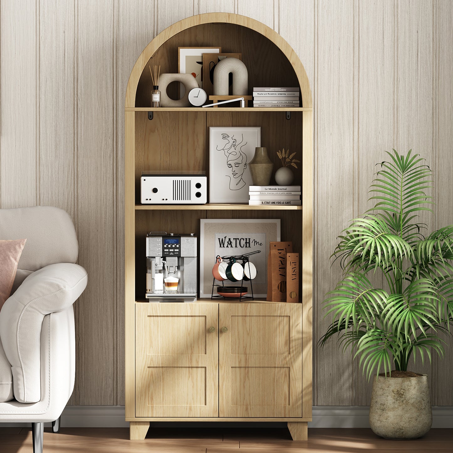 70'' Tall Arched Cabinet, Arched Kitchen Pantry Cabinet with 2 Doors and 5shelves, Open Storage Cabinets Display Bookcase, Versatile Cupboard for Living Room(Wood color)