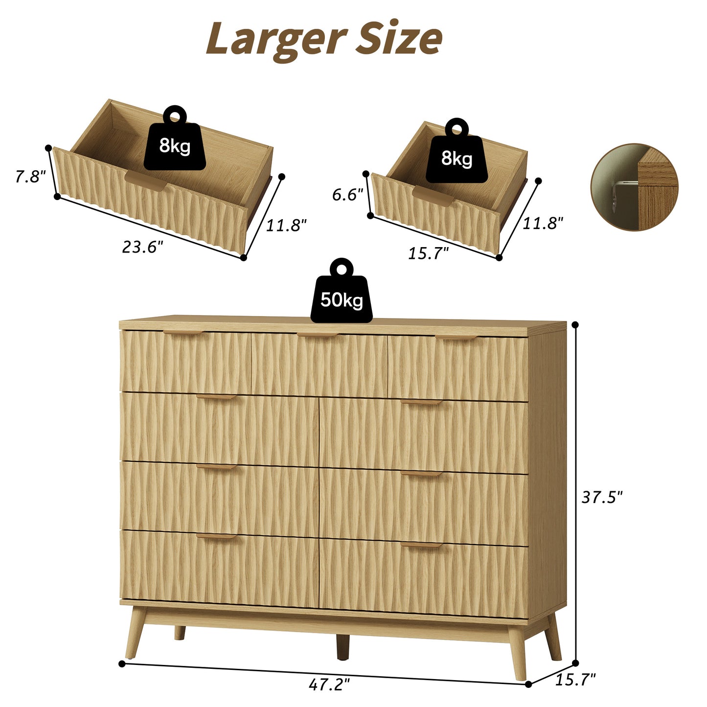 NEGYLIM 47" Wood Dressers with 9 Drawers for Bedroom, Fluted Wood Dresser Chest of Drawers for Bedroom, Storage Cabinet for TV Stand, Living Room, Entryway, Wood