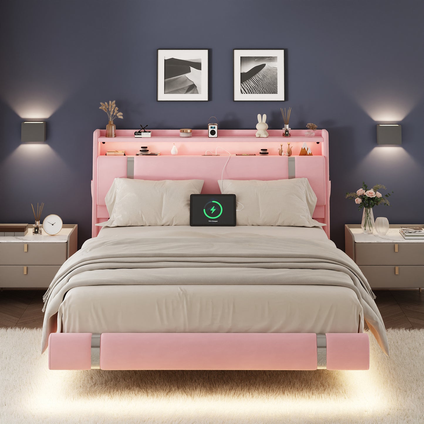 NEGYLIM Floating Bed Frame Queen Size with LED Lights, Easy to Assemble, Metal Platform Bed with Storage Headboard, No Box Spring Needed, Pink