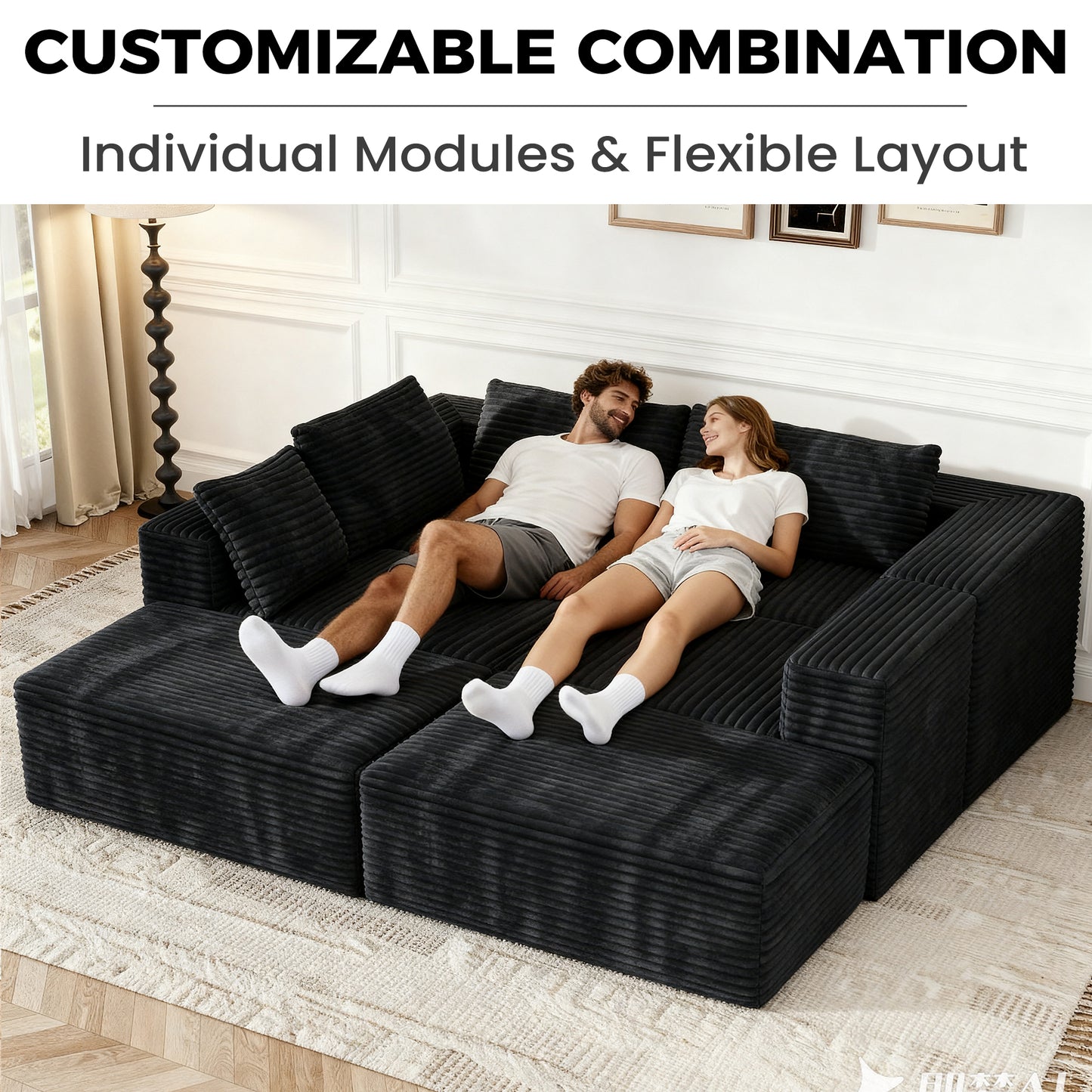 137 inch U-Shaped Sectional Sofa, Cloud-Like Big Modular Couch with Chaise, No Assembly Required, High Density Foam Never Sags, Soft Corduroy Fabric Sofa for Large Space, (Black)